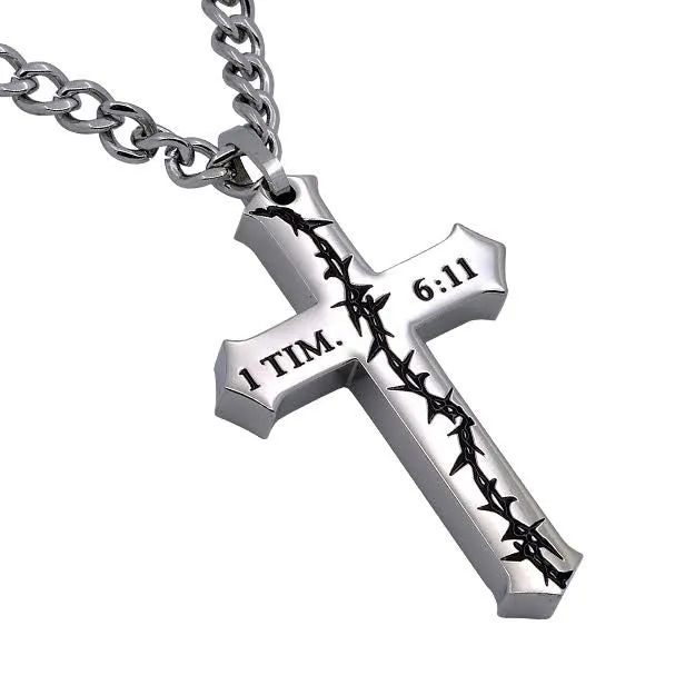 1 TIMOTHY 6:11 Crown Of Thorns Cross Necklace, Stainless Steel Curb Chain