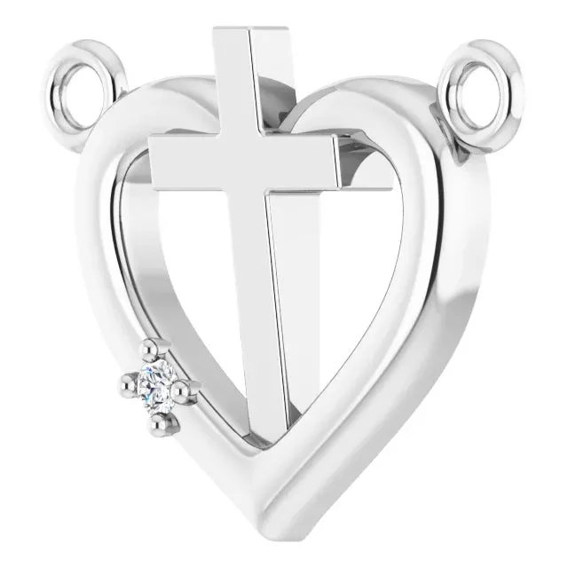 14K White Gold .0025 CT Natural Diamond Heart & Cross Necklace Center