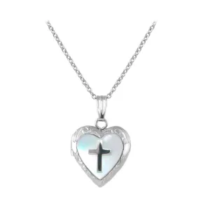 15 In Yellow Gold Or Silver Mother of Pearl Cross Heart Locket Necklace For Children