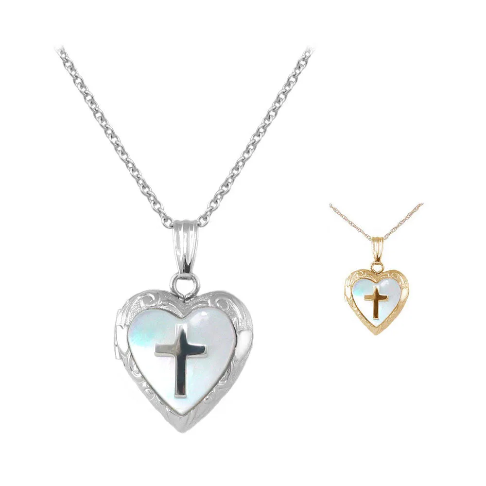 15 In Yellow Gold Or Silver Mother of Pearl Cross Heart Locket Necklace For Children