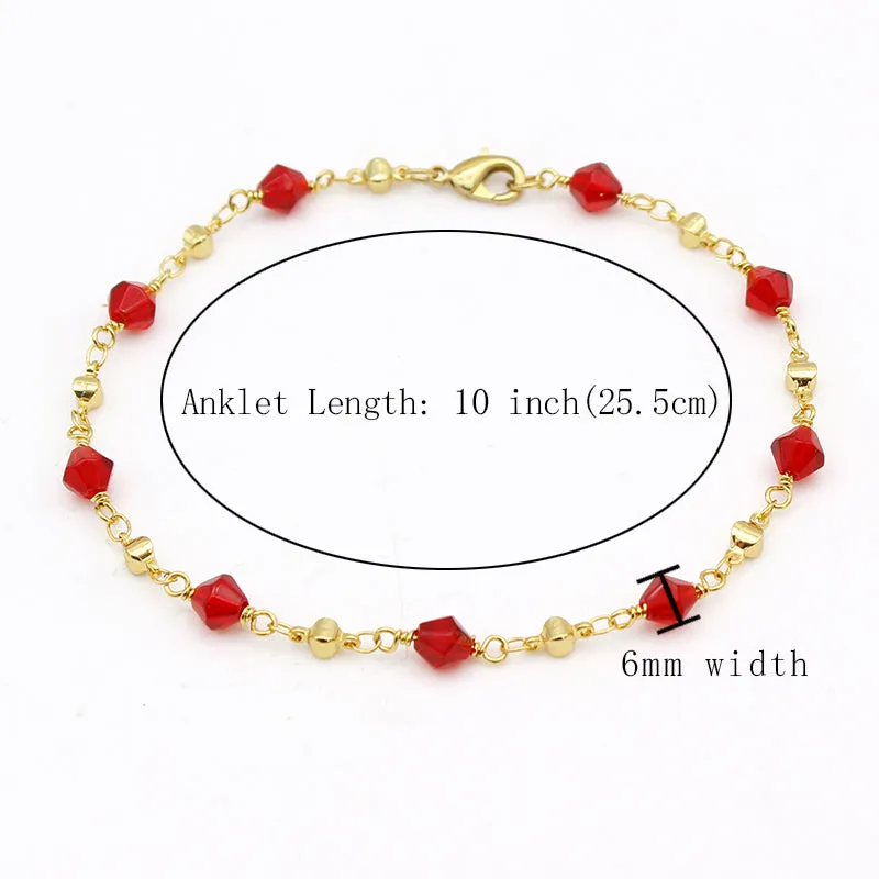 18K GOLD Filled High Polish Finsh Red CRYSTAL ANKLE BRACELET JJA03