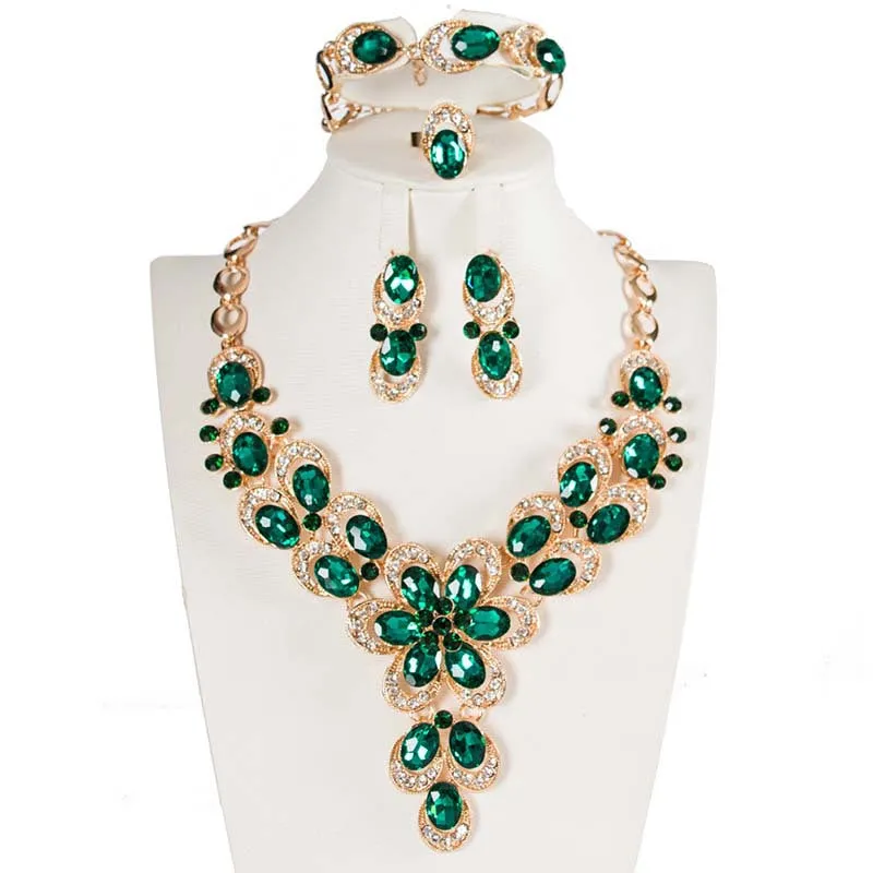 American exaggerated crystal flower gemstone necklace four-piece set of jewelry