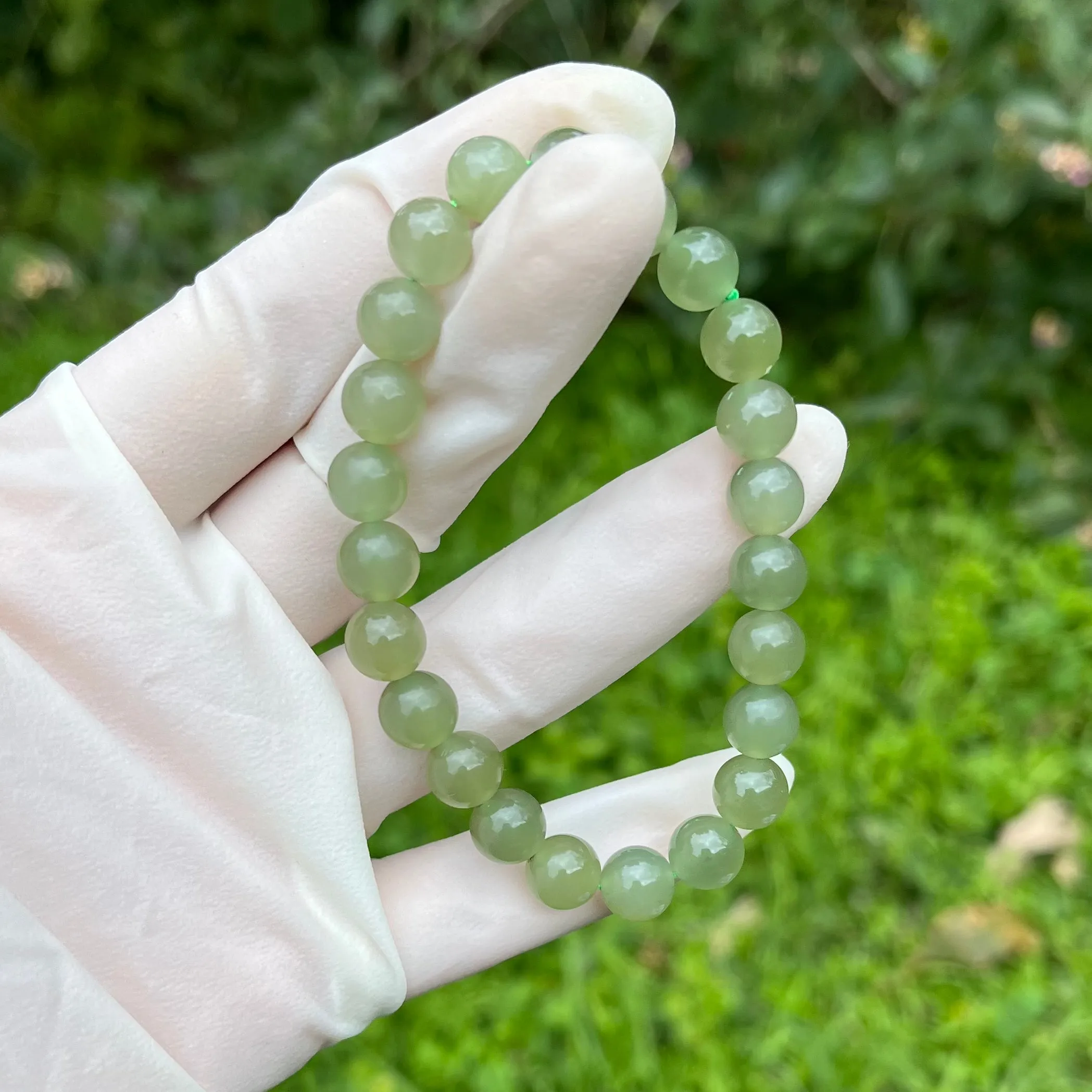 Certified light green nephrite / Hetian Jade Bracelet With 8mm beads 6 inches length