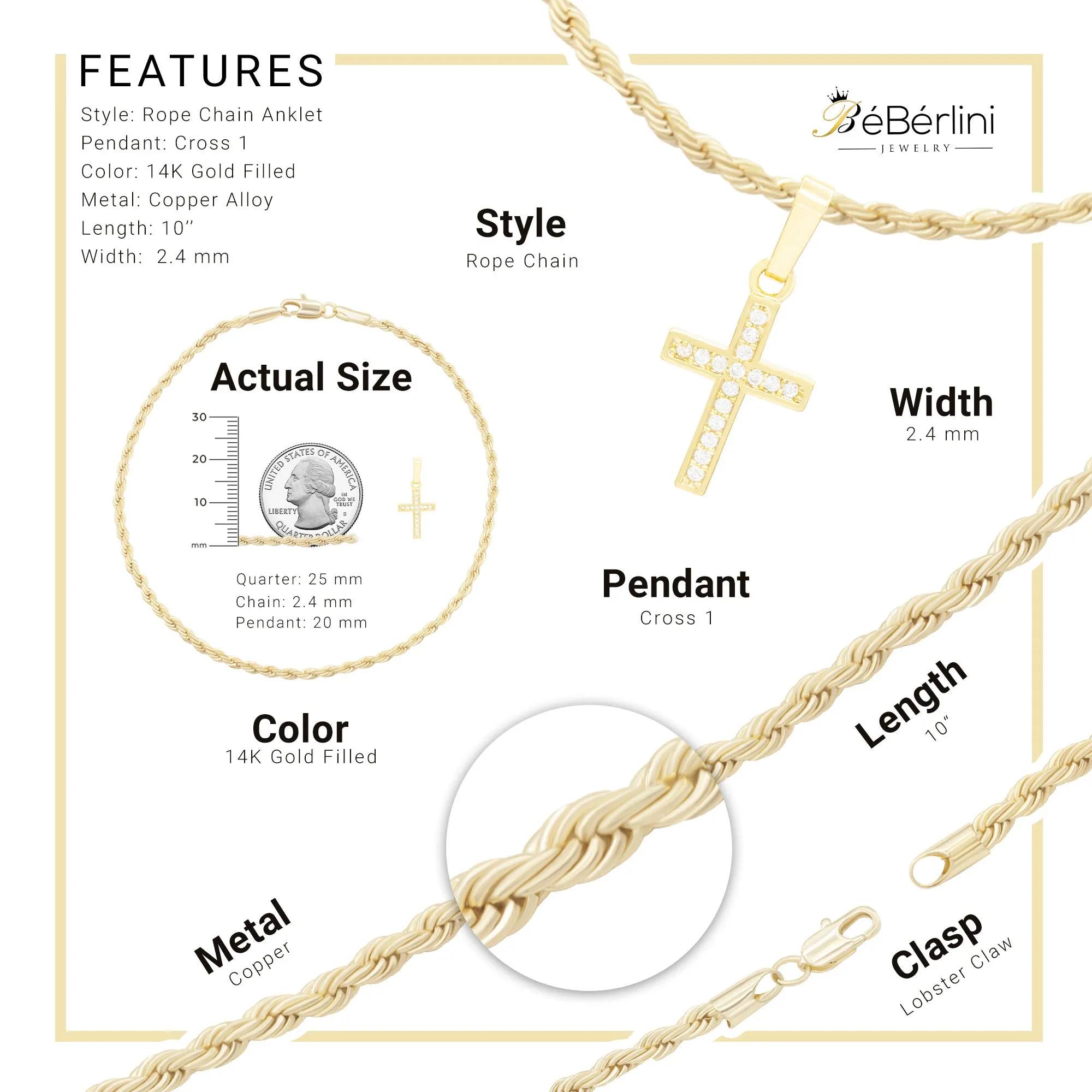 Cross CZ Pendant 14K Anklet Bracelet Gold Filled Cubic Zirconia Charm Rope Foot Set 10" WomenJewelry