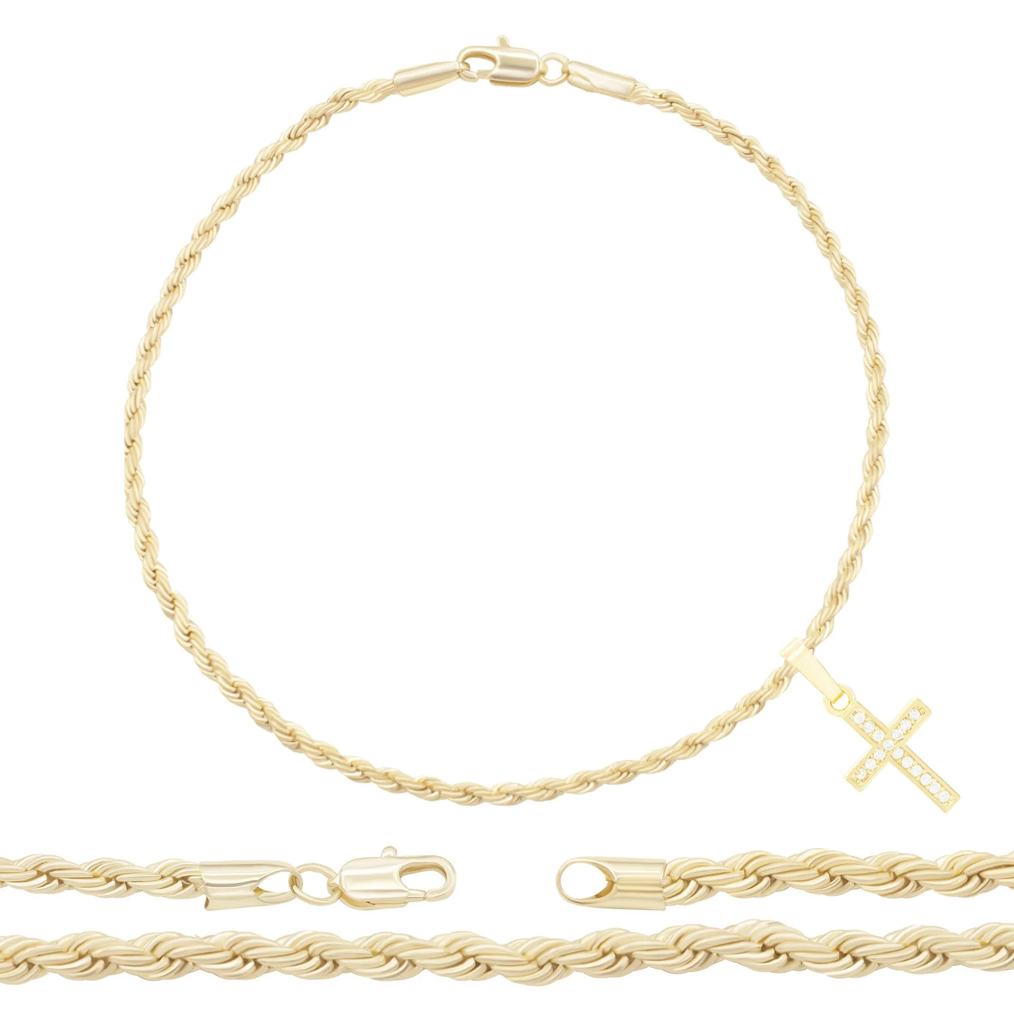 Cross CZ Pendant 14K Anklet Bracelet Gold Filled Cubic Zirconia Charm Rope Foot Set 10" WomenJewelry