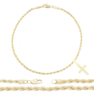 Cross CZ Pendant 14K Anklet Bracelet Gold Filled Cubic Zirconia Charm Rope Foot Set 10" WomenJewelry