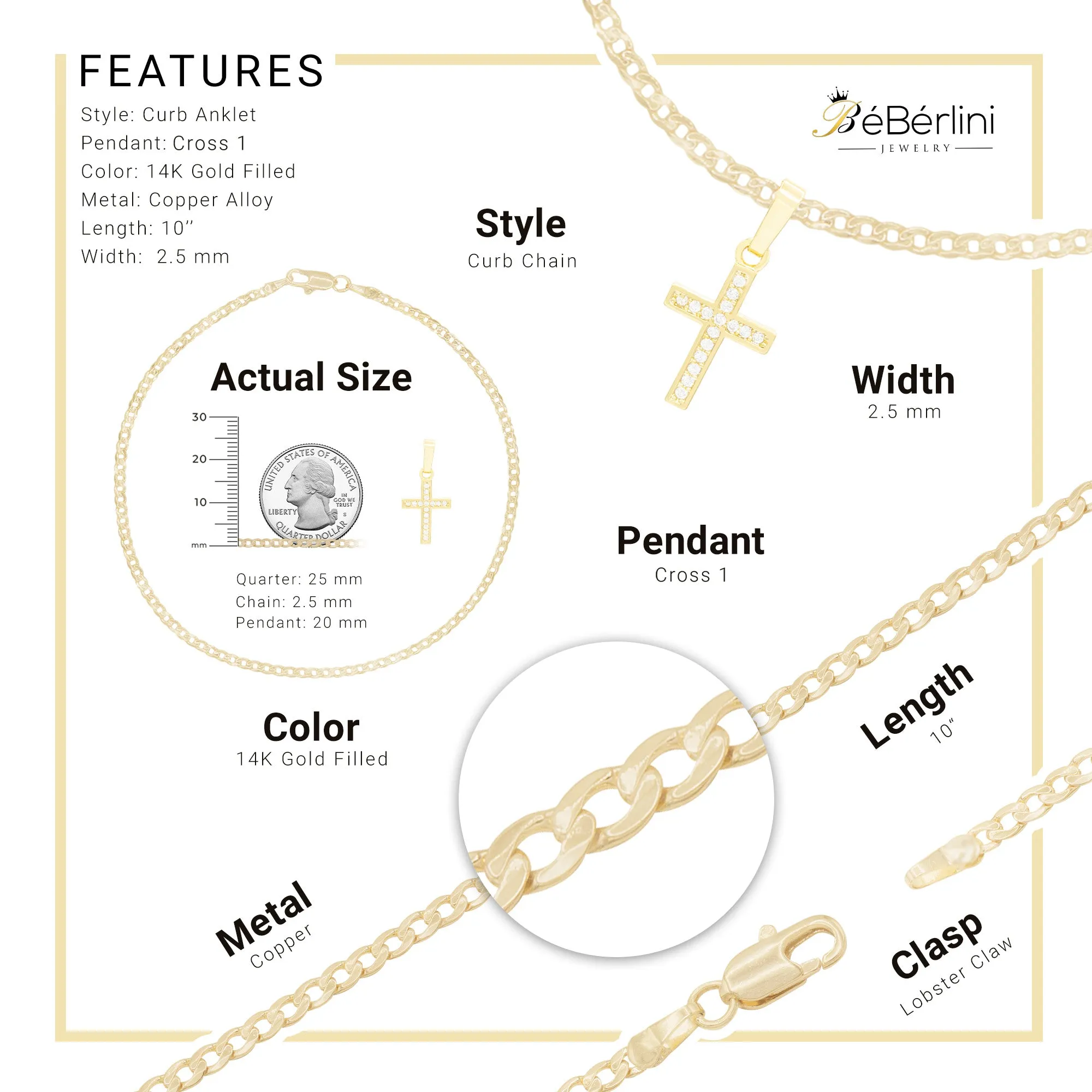 Cross Pendant 14K Gold Filled Cubic Zirconia Anklet 10" Set 2.5 mm Women Jewelry