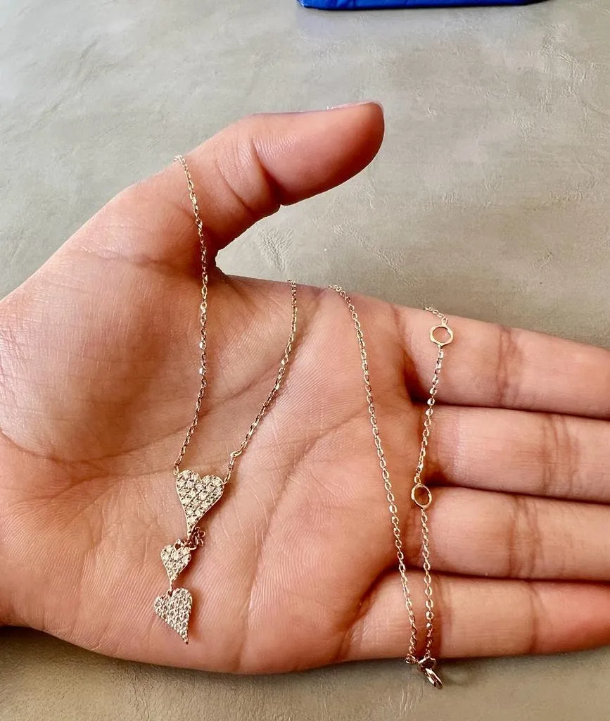 Gold Diamond Heart Necklace, 14k Tri-color Gold Adjustable Chain Necklace, 0.36 ctw Diamond Chain Necklace Set Chain 16" 18" 20"