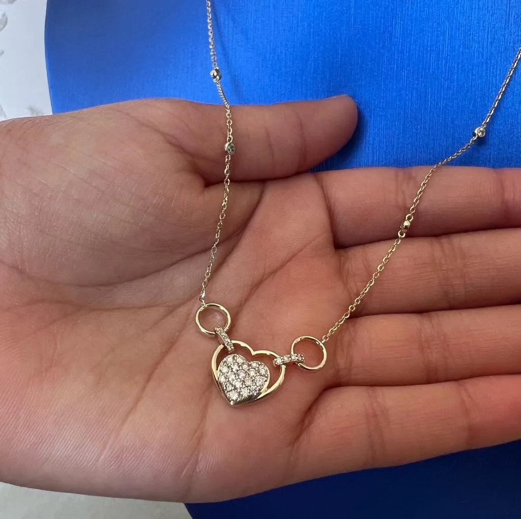 Gold Diamond Heart Necklace, 14k Tri-color Gold Adjustable Chain Necklace, .33 ct Diamond Necklace, Yellow Gold Cable Link Chain 16" 18" 20"