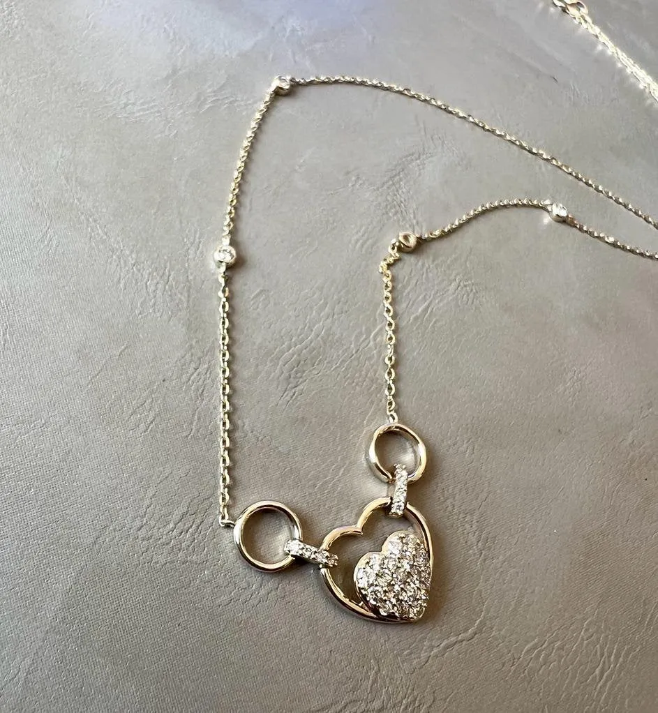 Gold Diamond Heart Necklace, 14k Tri-color Gold Adjustable Chain Necklace, .33 ct Diamond Necklace, Yellow Gold Cable Link Chain 16" 18" 20"