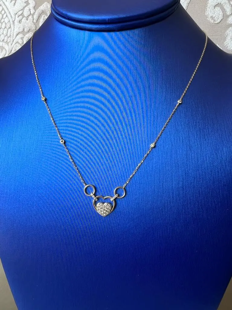 Gold Diamond Heart Necklace, 14k Tri-color Gold Adjustable Chain Necklace, .33 ct Diamond Necklace, Yellow Gold Cable Link Chain 16" 18" 20"