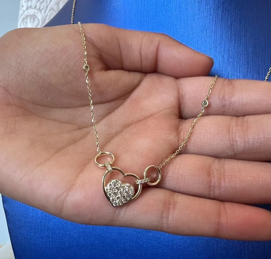 Gold Diamond Heart Necklace, 14k Tri-color Gold Adjustable Chain Necklace, .33 ct Diamond Necklace, Yellow Gold Cable Link Chain 16" 18" 20"