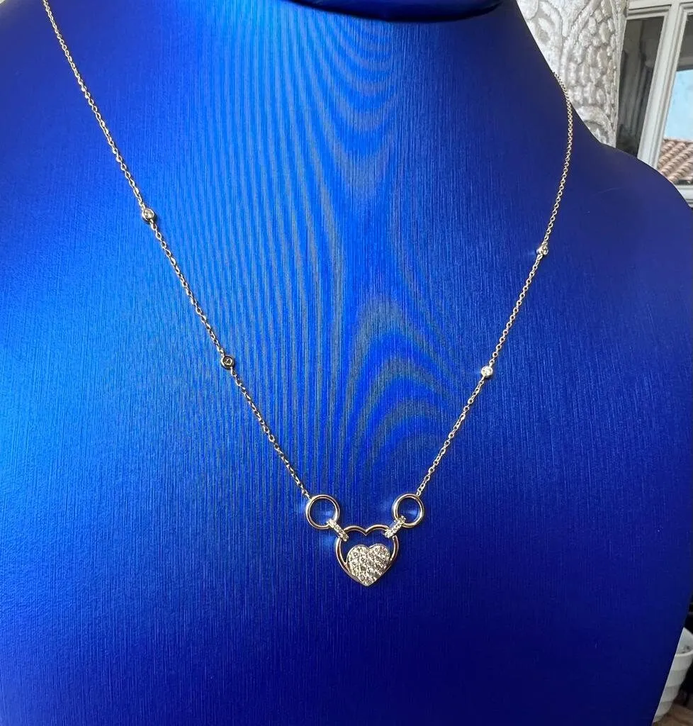 Gold Diamond Heart Necklace, 14k Tri-color Gold Adjustable Chain Necklace, .33 ct Diamond Necklace, Yellow Gold Cable Link Chain 16" 18" 20"