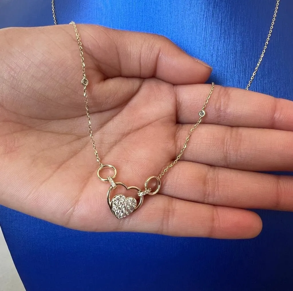 Gold Diamond Heart Necklace, 14k Tri-color Gold Adjustable Chain Necklace, .33 ct Diamond Necklace, Yellow Gold Cable Link Chain 16" 18" 20"