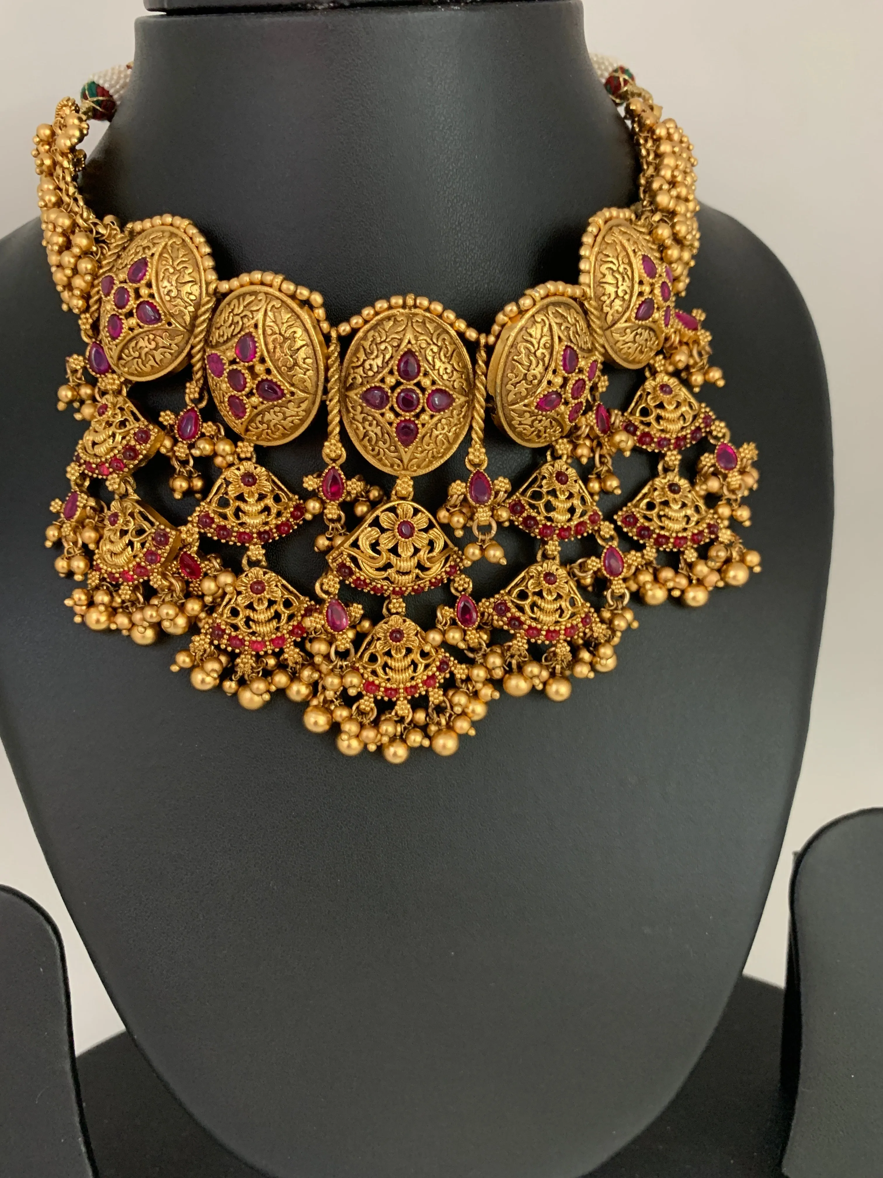 Golden Patterned Golden Cluster beads Red Stone Choker Neckline Necklace