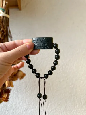 Hand-woven Bracelet with a Carved Dark Cyan Hetian Jade Beast Face Pendant and Beads (9mm)