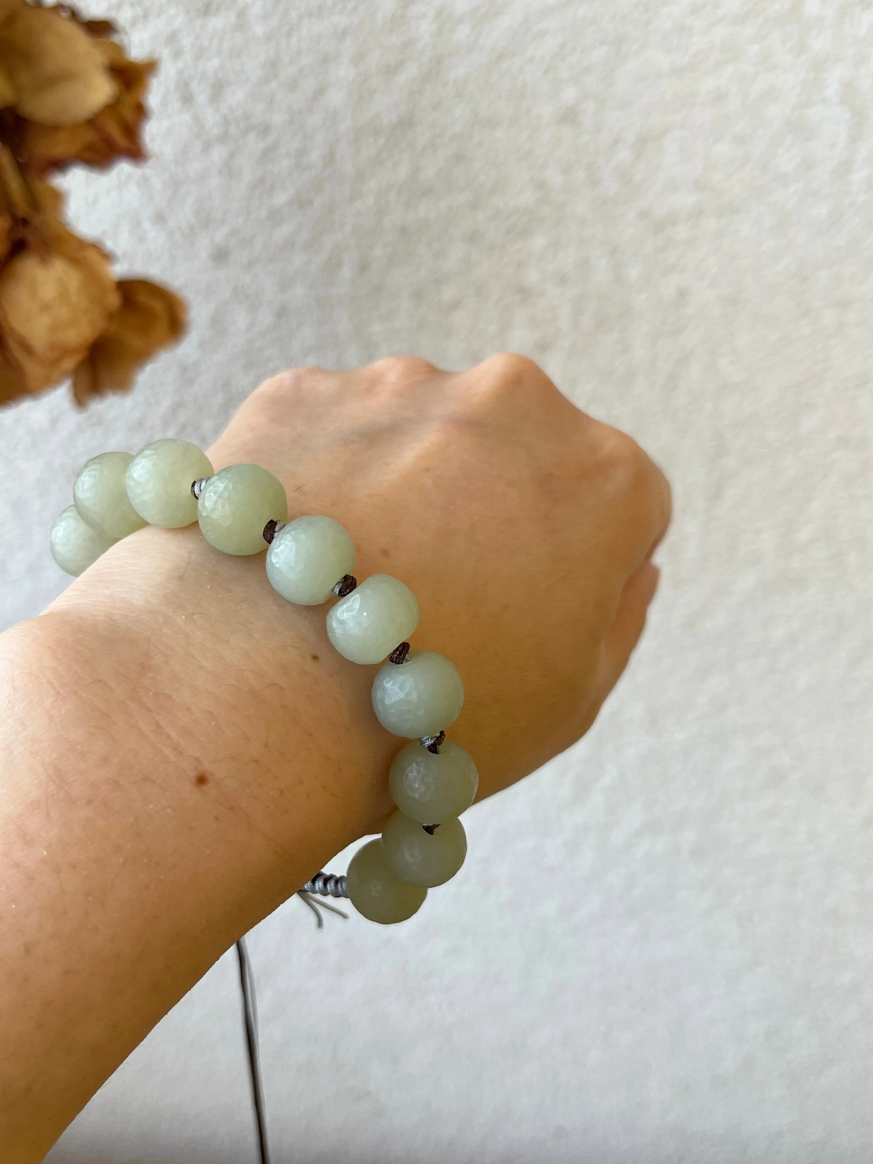 Hand-woven Bracelet with Hand Crafted Hetian Jade Beads (11mm x 9mm), 手编和田玉且末手工老光珠手绳