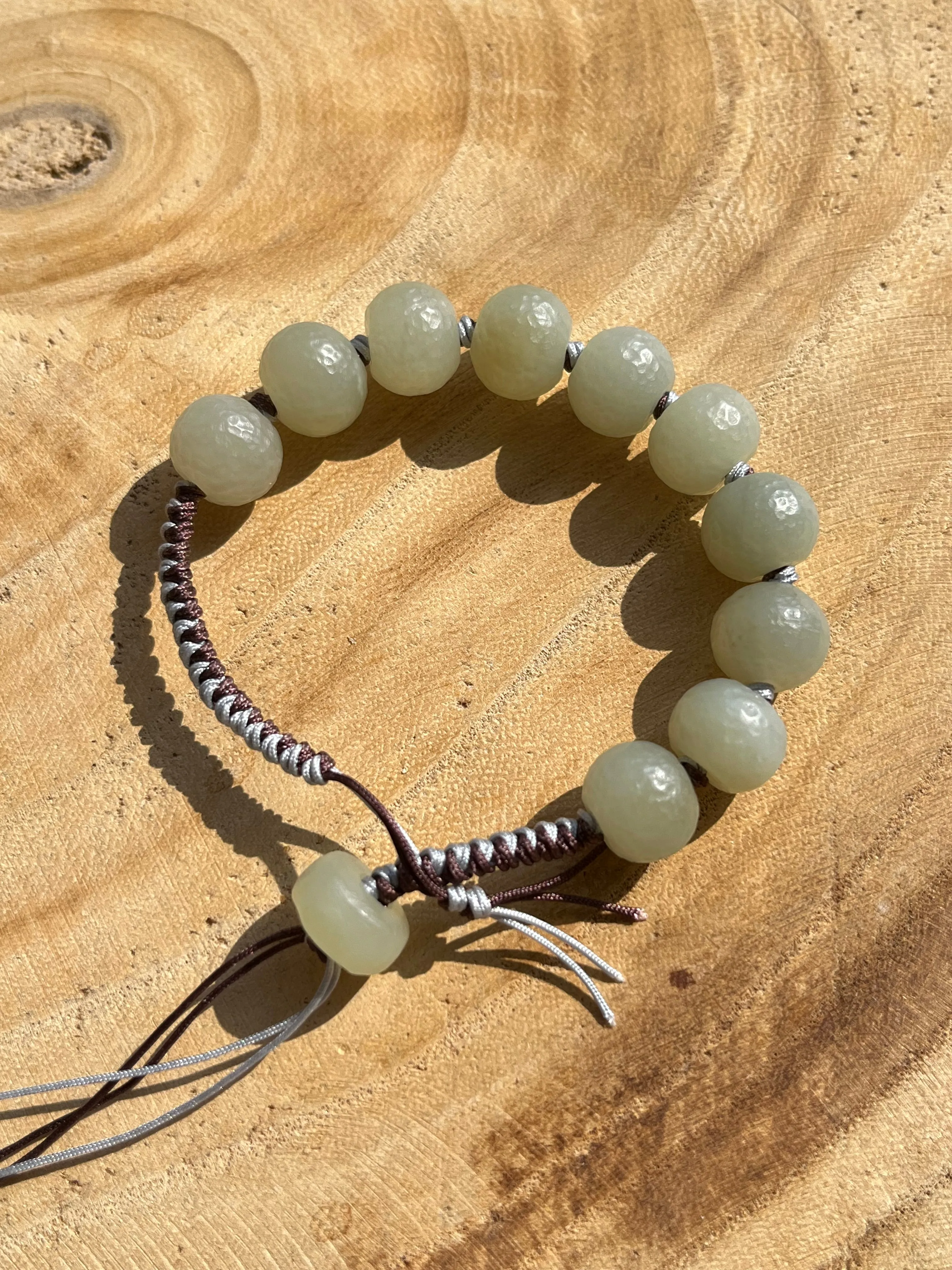 Hand-woven Bracelet with Hand Crafted Hetian Jade Beads (11mm x 9mm), 手编和田玉且末手工老光珠手绳