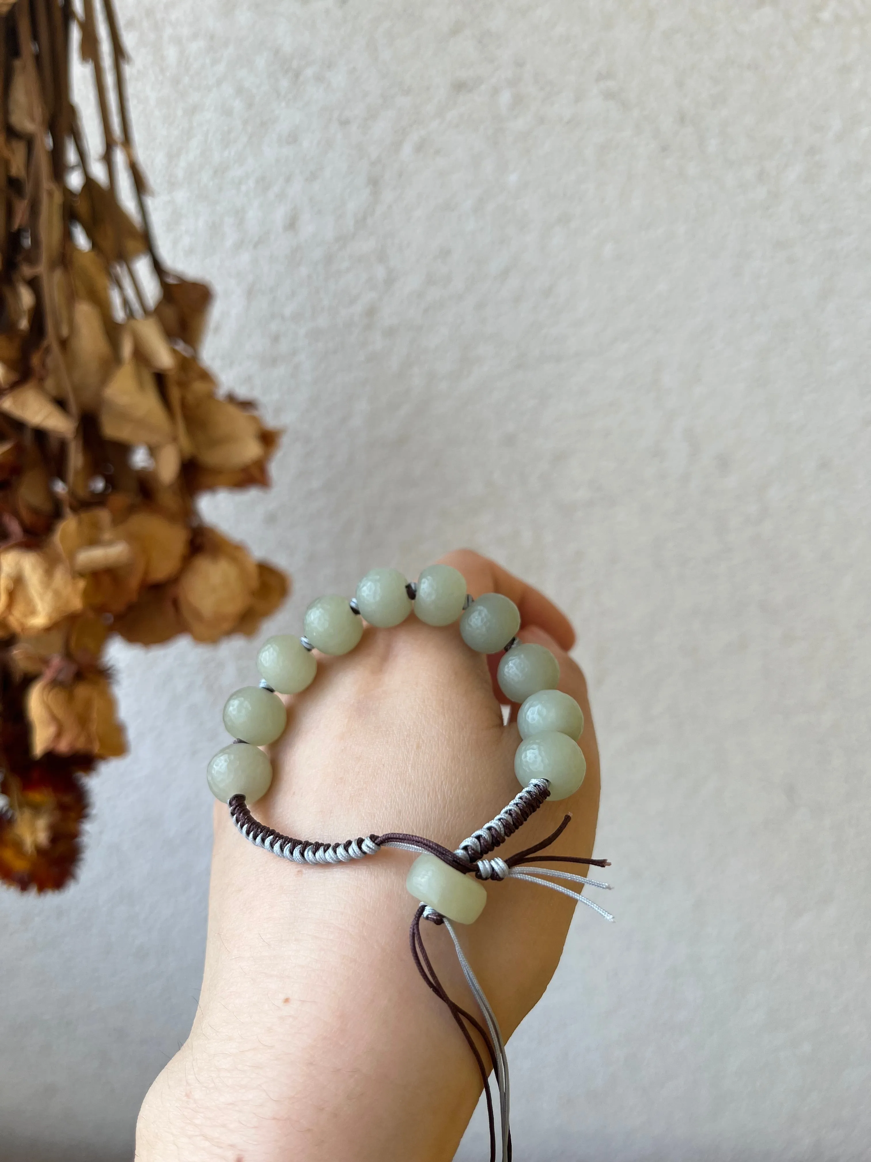 Hand-woven Bracelet with Hand Crafted Hetian Jade Beads (11mm x 9mm), 手编和田玉且末手工老光珠手绳