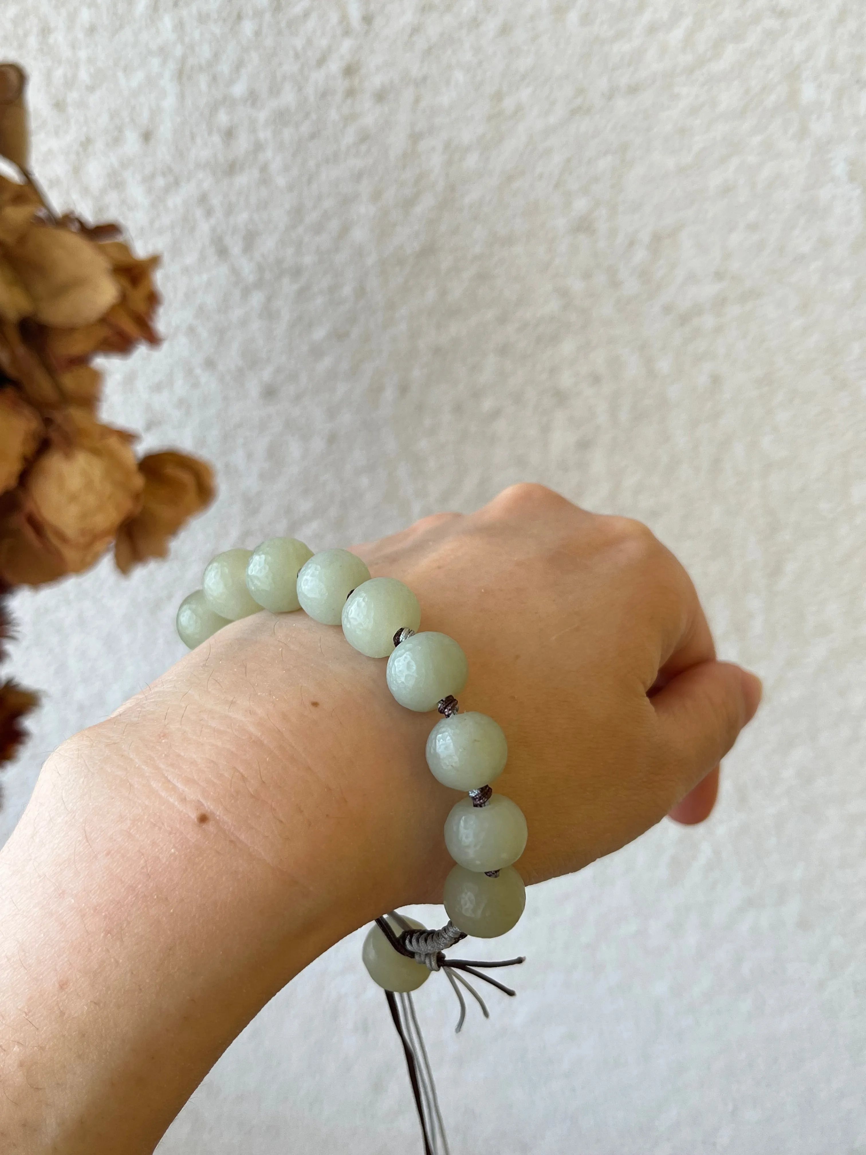 Hand-woven Bracelet with Hand Crafted Hetian Jade Beads (11mm x 9mm), 手编和田玉且末手工老光珠手绳