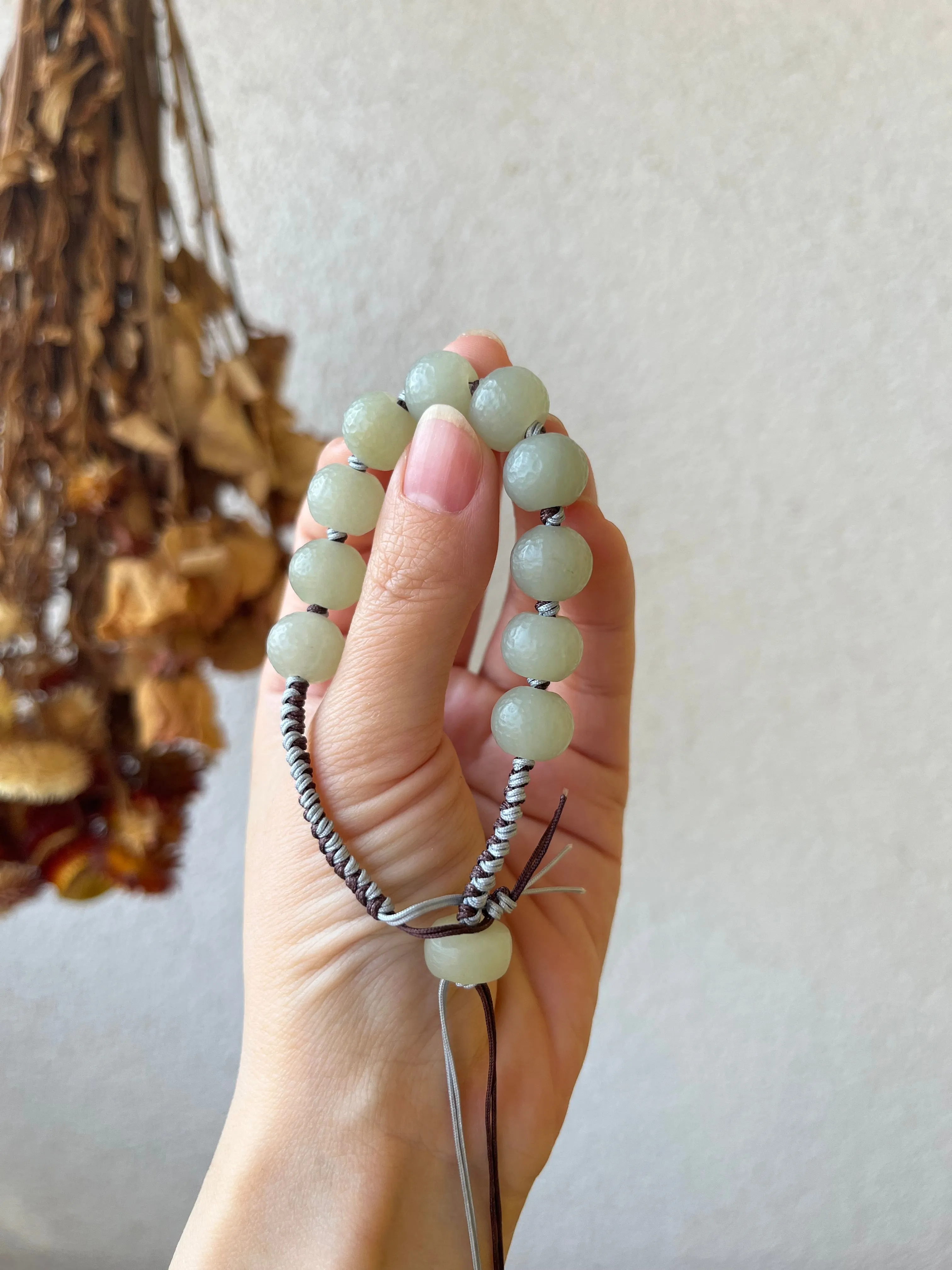 Hand-woven Bracelet with Hand Crafted Hetian Jade Beads (11mm x 9mm), 手编和田玉且末手工老光珠手绳