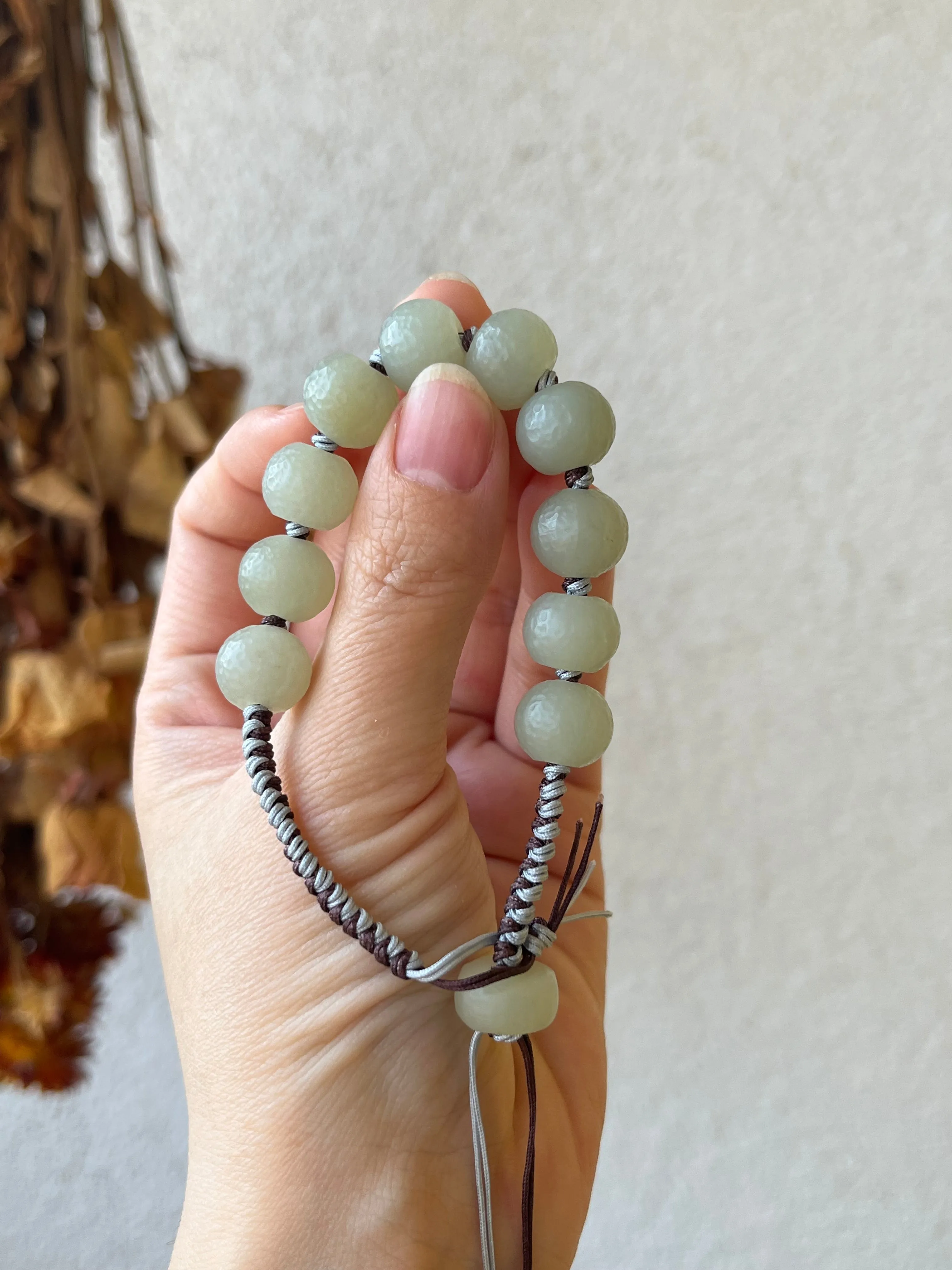 Hand-woven Bracelet with Hand Crafted Hetian Jade Beads (11mm x 9mm), 手编和田玉且末手工老光珠手绳