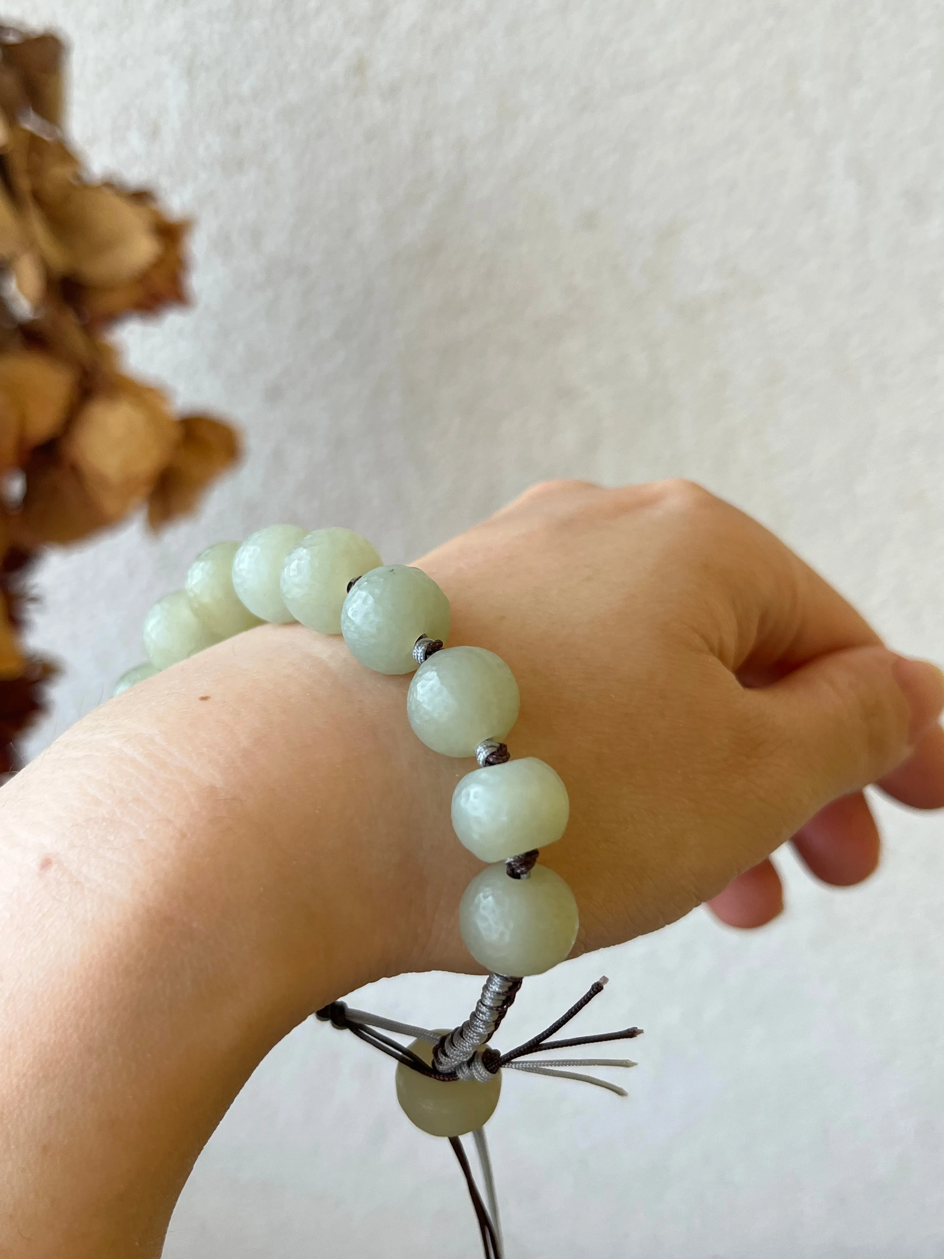 Hand-woven Bracelet with Hand Crafted Hetian Jade Beads (11mm x 9mm), 手编和田玉且末手工老光珠手绳