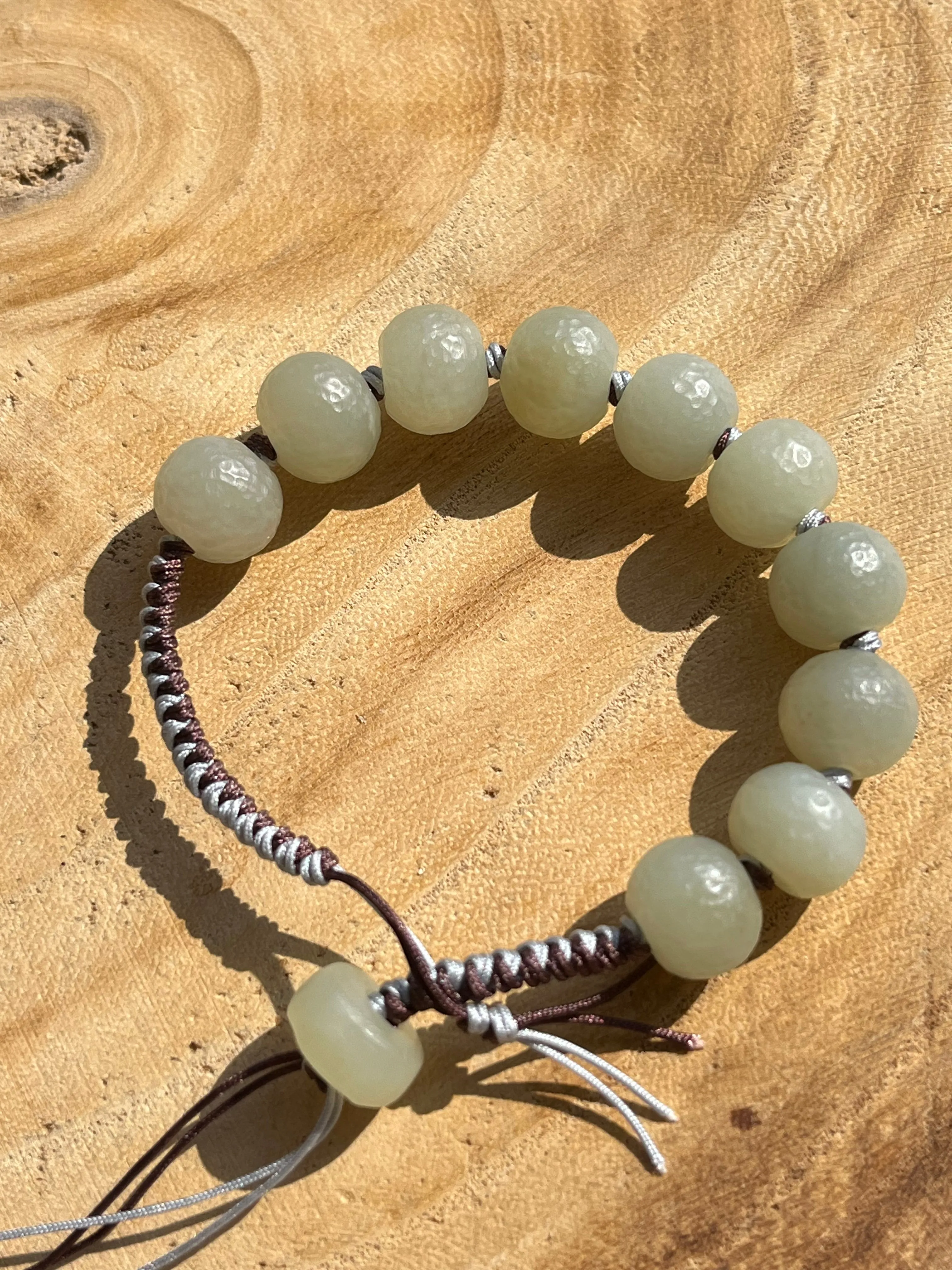 Hand-woven Bracelet with Hand Crafted Hetian Jade Beads (11mm x 9mm), 手编和田玉且末手工老光珠手绳