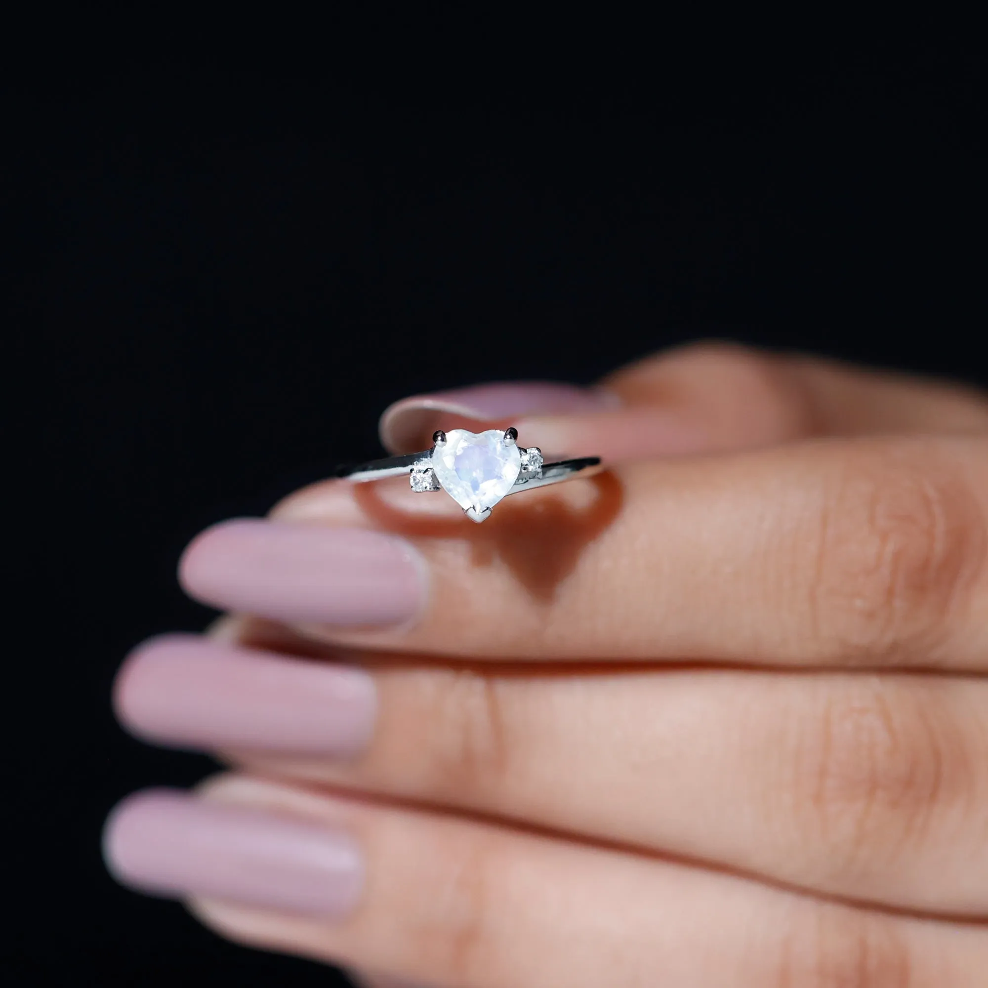 Heart Shape Real Moonstone Solitaire Promise Ring with Diamond
