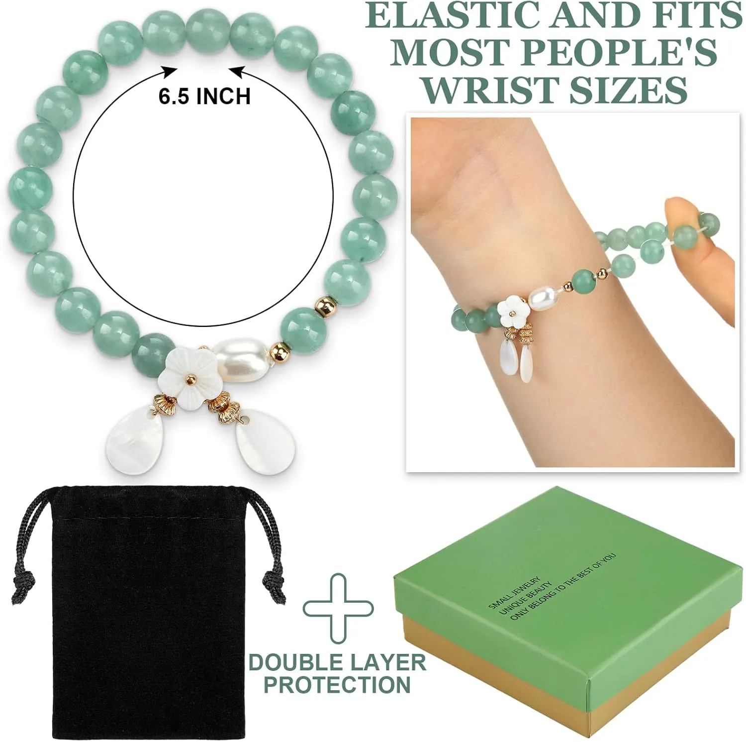 Jade Bracelet for Women Good Luck Floral Jade Beaded Stretch Bracelet Jewelry Gifts for wedding Valentine's Day gifts with Jewelry Box