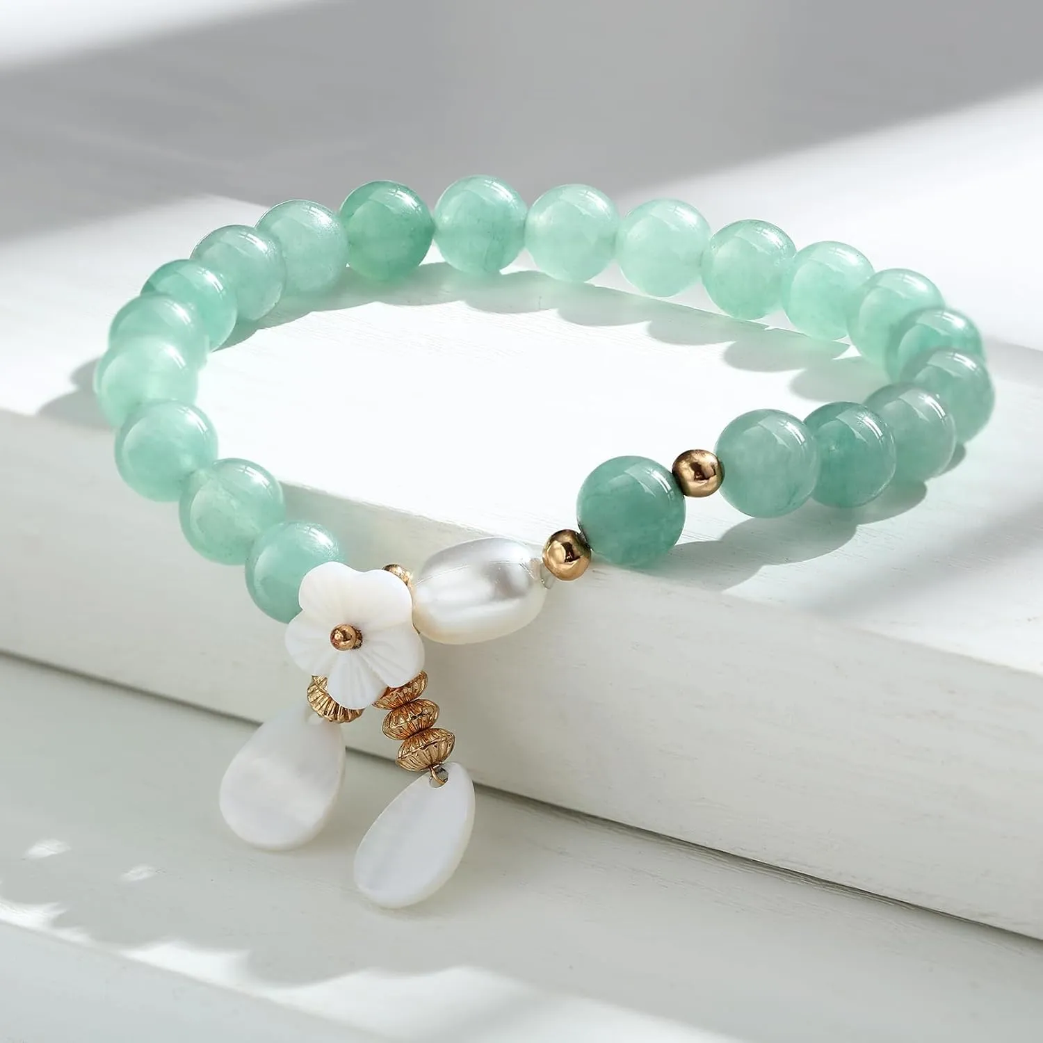 Jade Bracelet for Women Good Luck Floral Jade Beaded Stretch Bracelet Jewelry Gifts for wedding Valentine's Day gifts with Jewelry Box