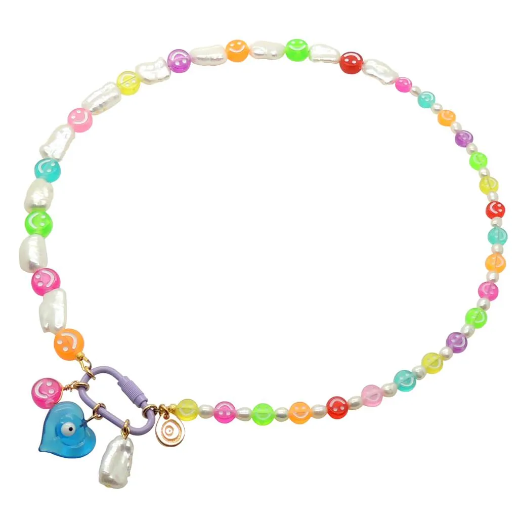Multicolour Mini Maxi Smiley Charm Trio Freshwater Pearl Necklace
