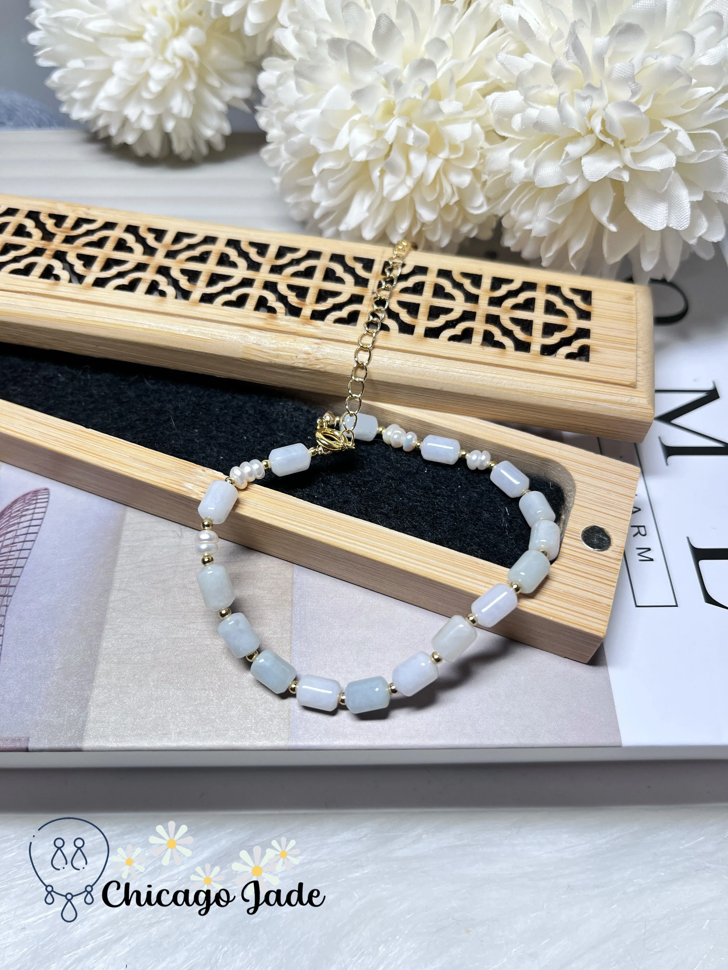 Natural Freshwater Pearl with Natural Grade A Untreated Burma Jadeite Jade Feicui Beaded Bracelet