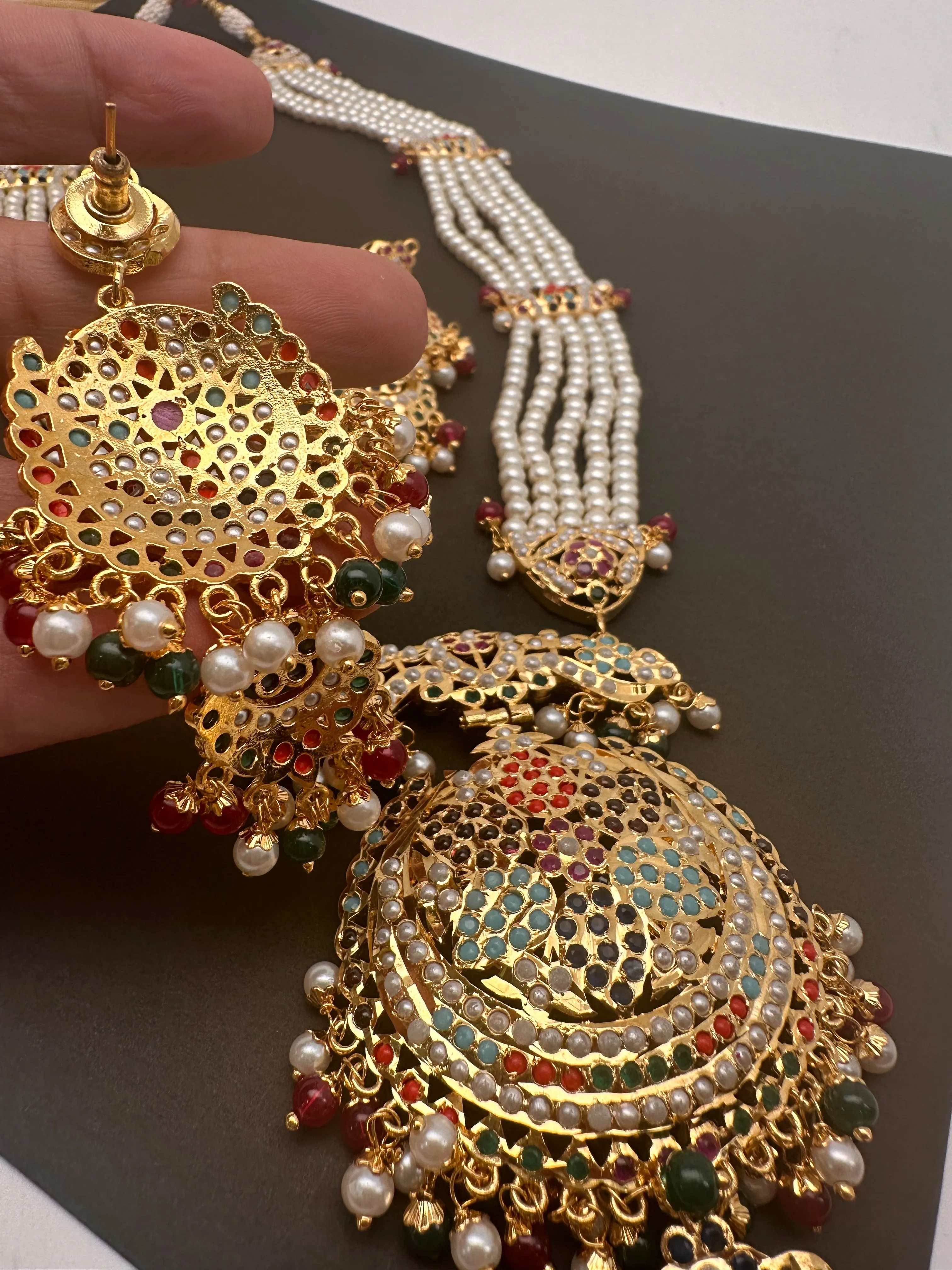 Navratan Stone Hyderabadi Jadau Pendent Pearl Raani Haar Necklace