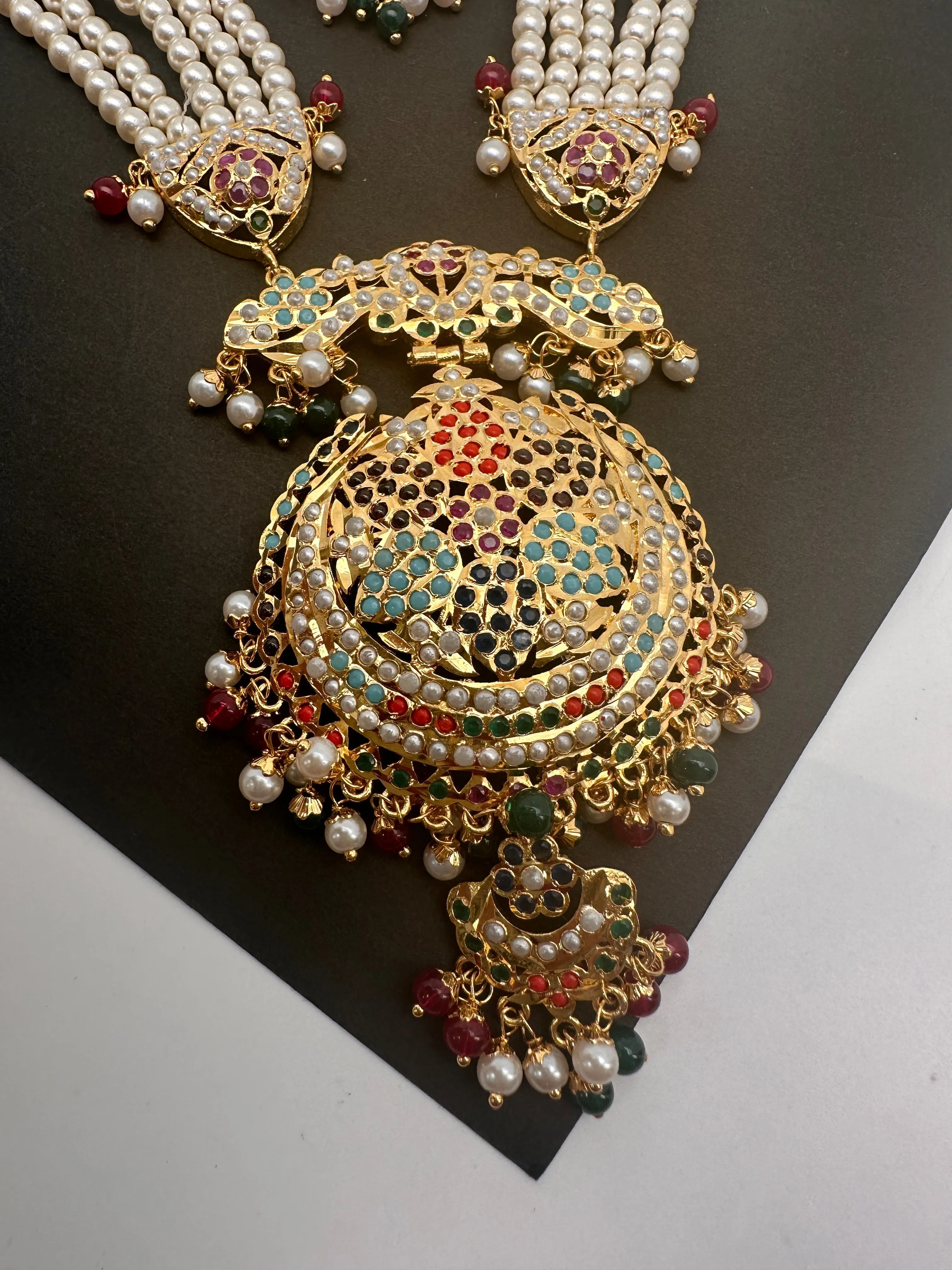 Navratan Stone Hyderabadi Jadau Pendent Pearl Raani Haar Necklace