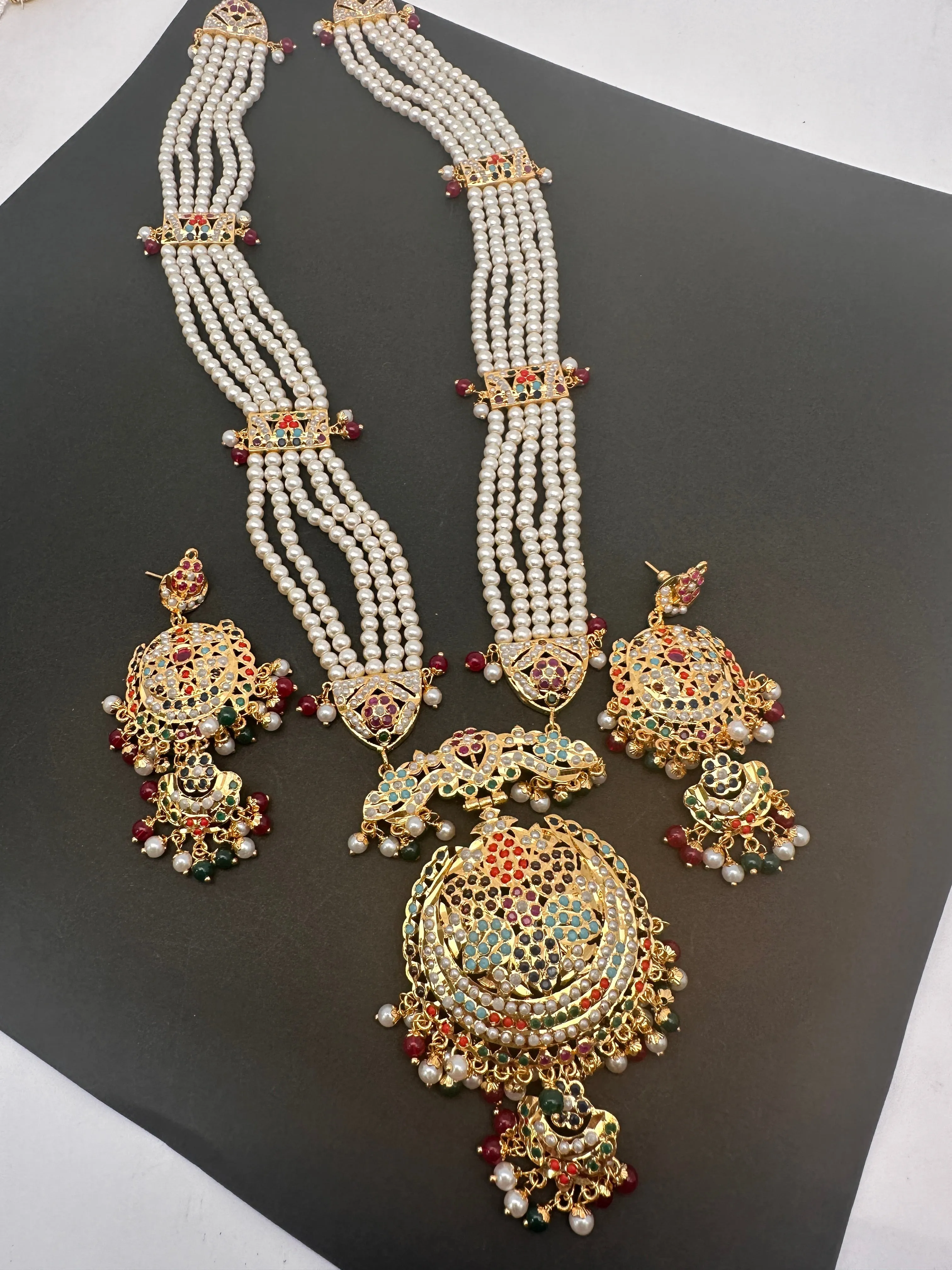 Navratan Stone Hyderabadi Jadau Pendent Pearl Raani Haar Necklace