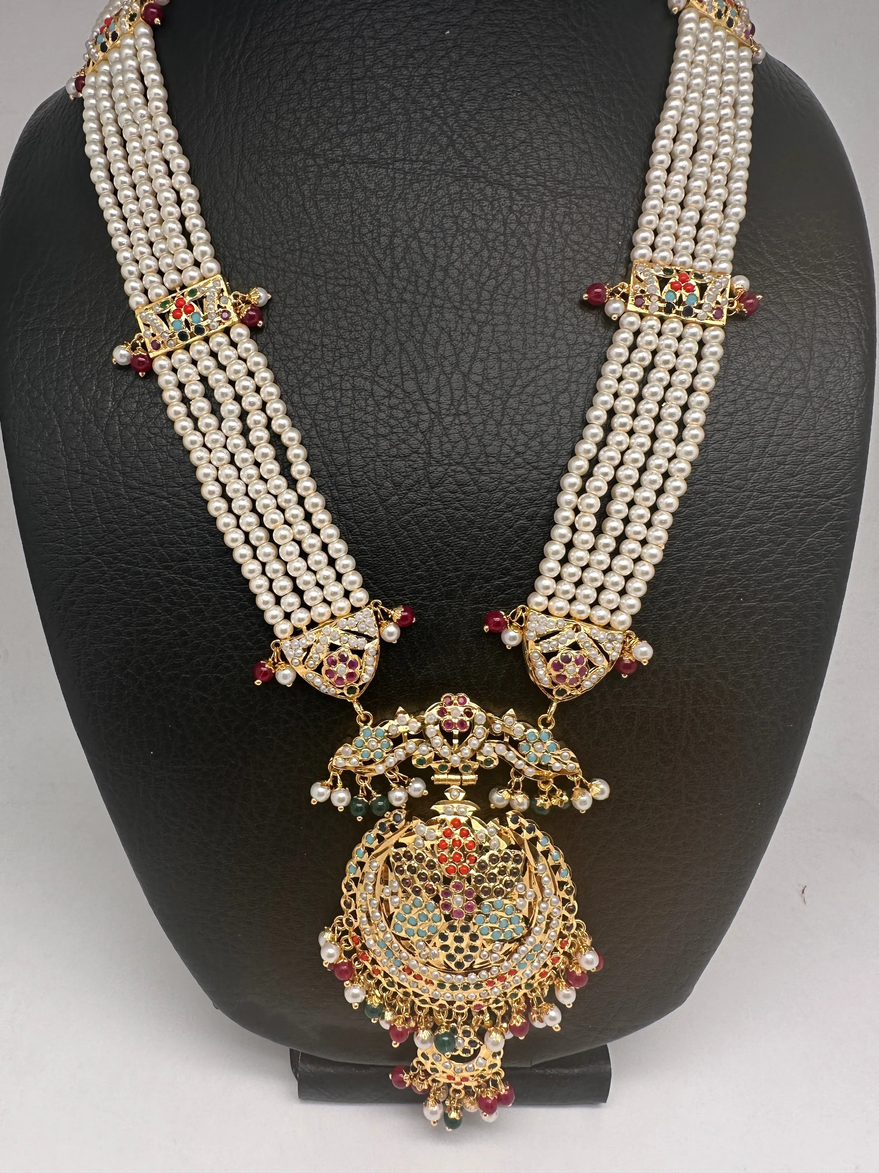 Navratan Stone Hyderabadi Jadau Pendent Pearl Raani Haar Necklace