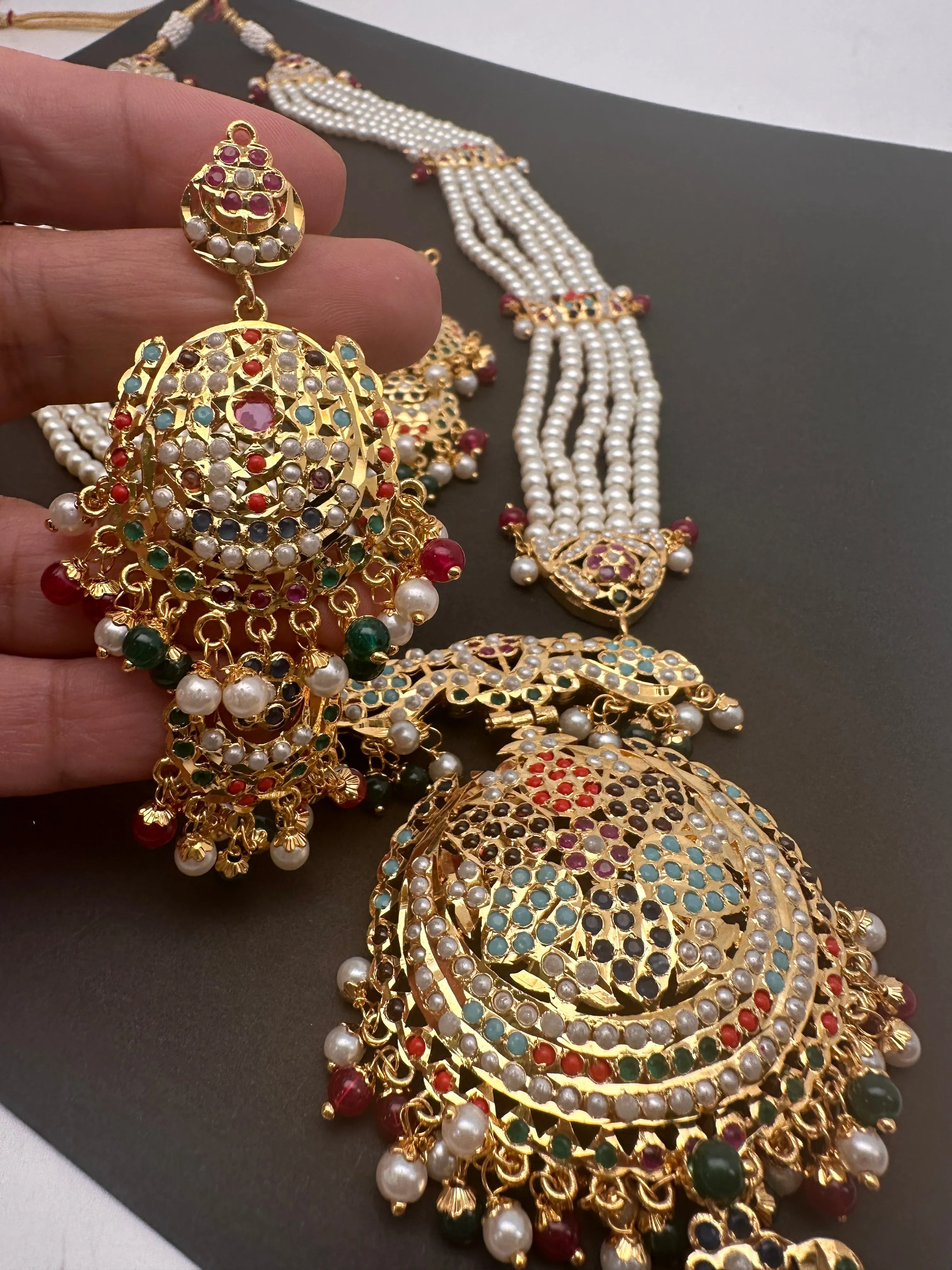 Navratan Stone Hyderabadi Jadau Pendent Pearl Raani Haar Necklace
