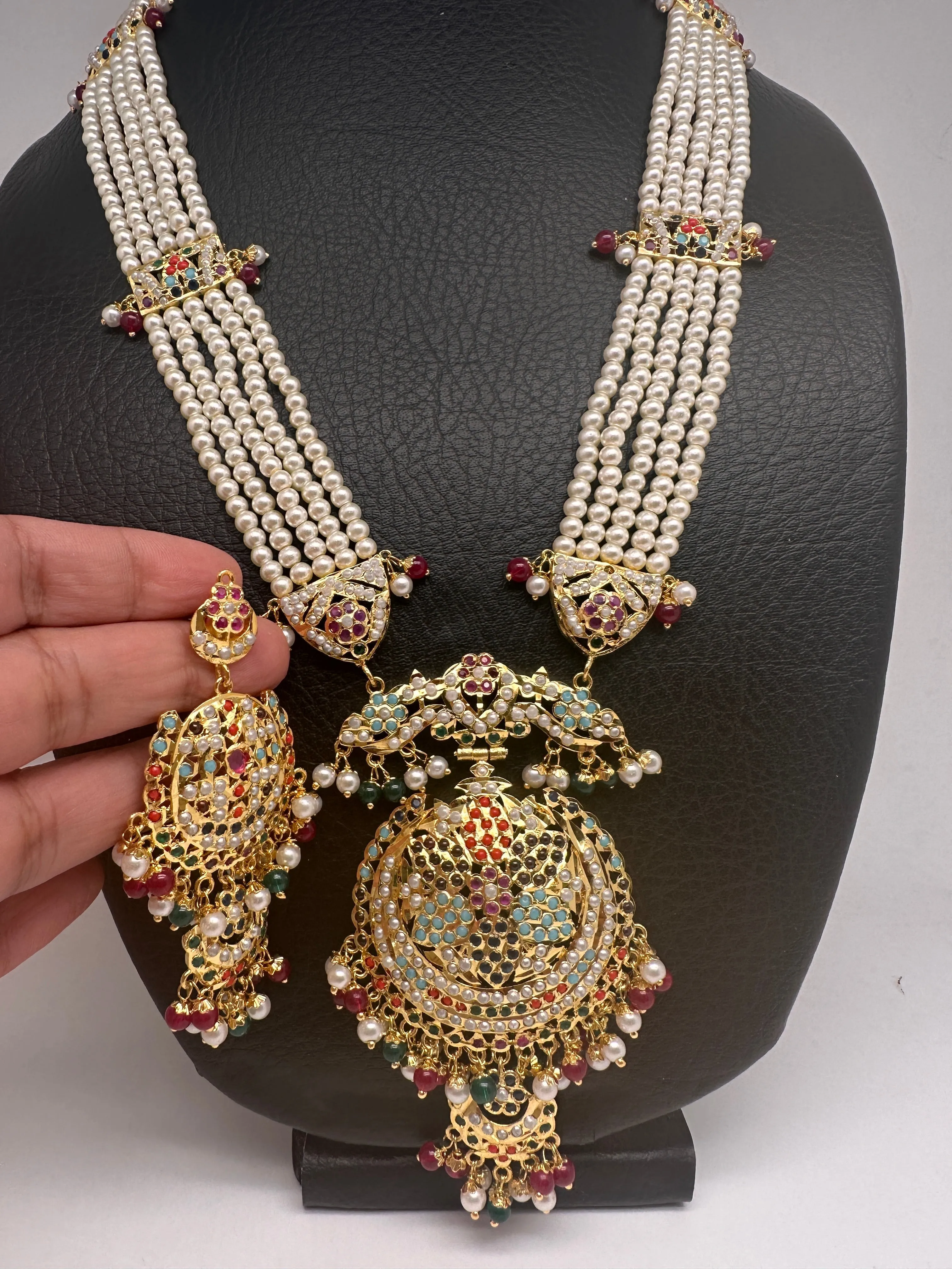 Navratan Stone Hyderabadi Jadau Pendent Pearl Raani Haar Necklace