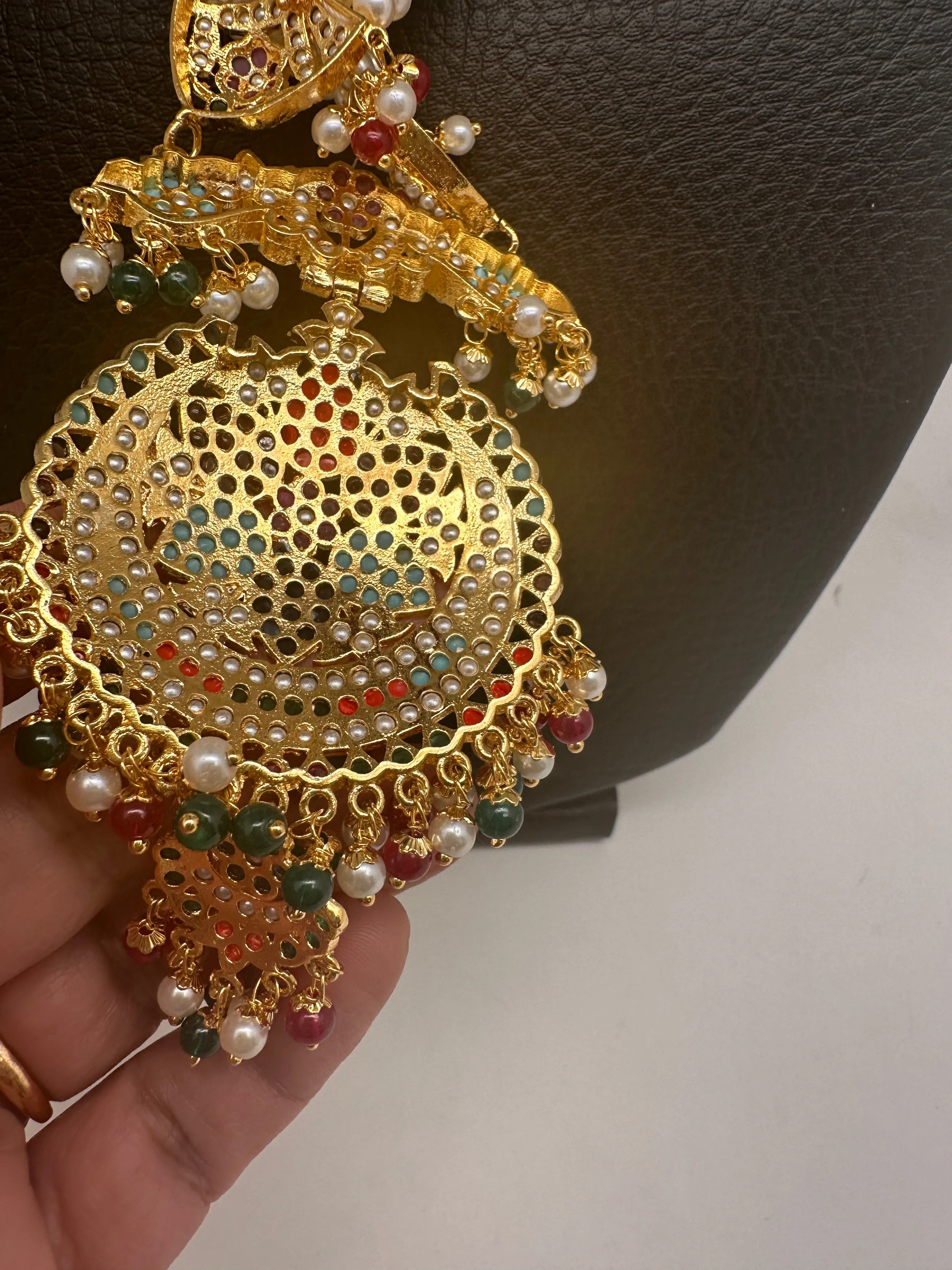 Navratan Stone Hyderabadi Jadau Pendent Pearl Raani Haar Necklace