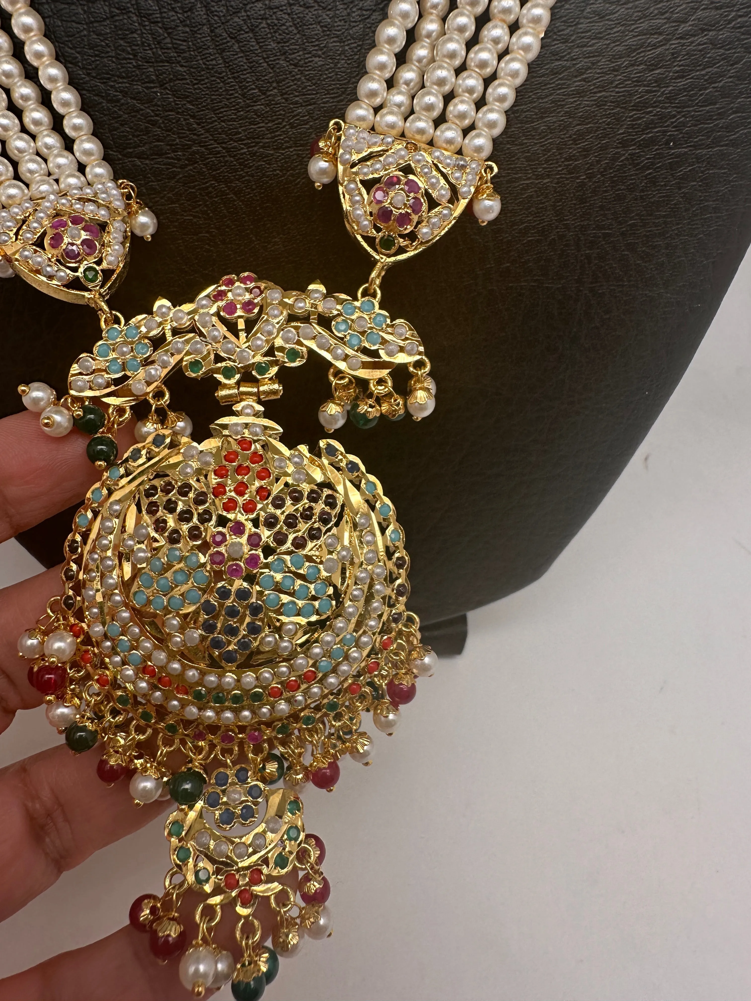 Navratan Stone Hyderabadi Jadau Pendent Pearl Raani Haar Necklace