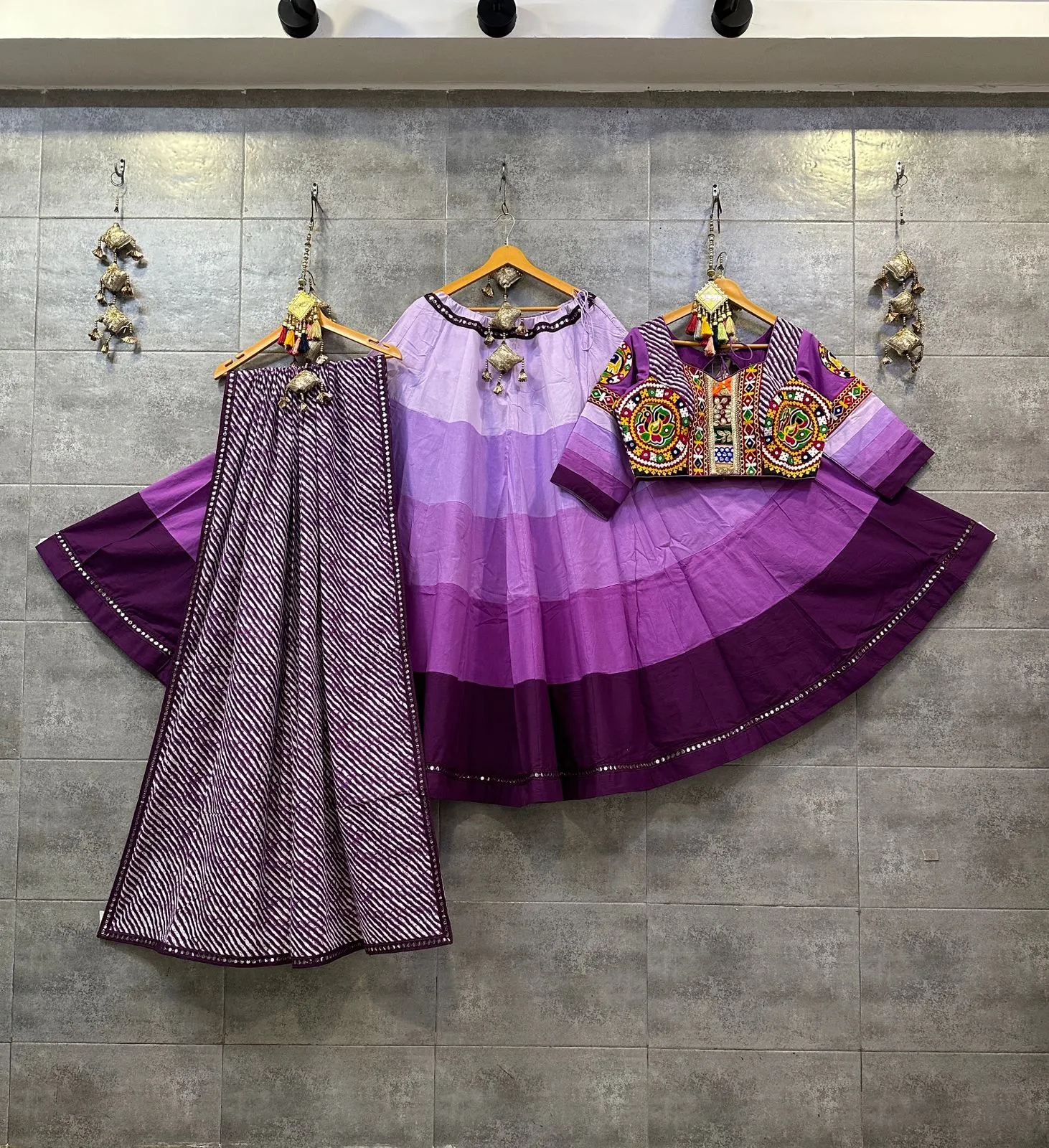 Purple Shaded Camric Cotton Chaniya Choli with Gamthi Mirror Lace