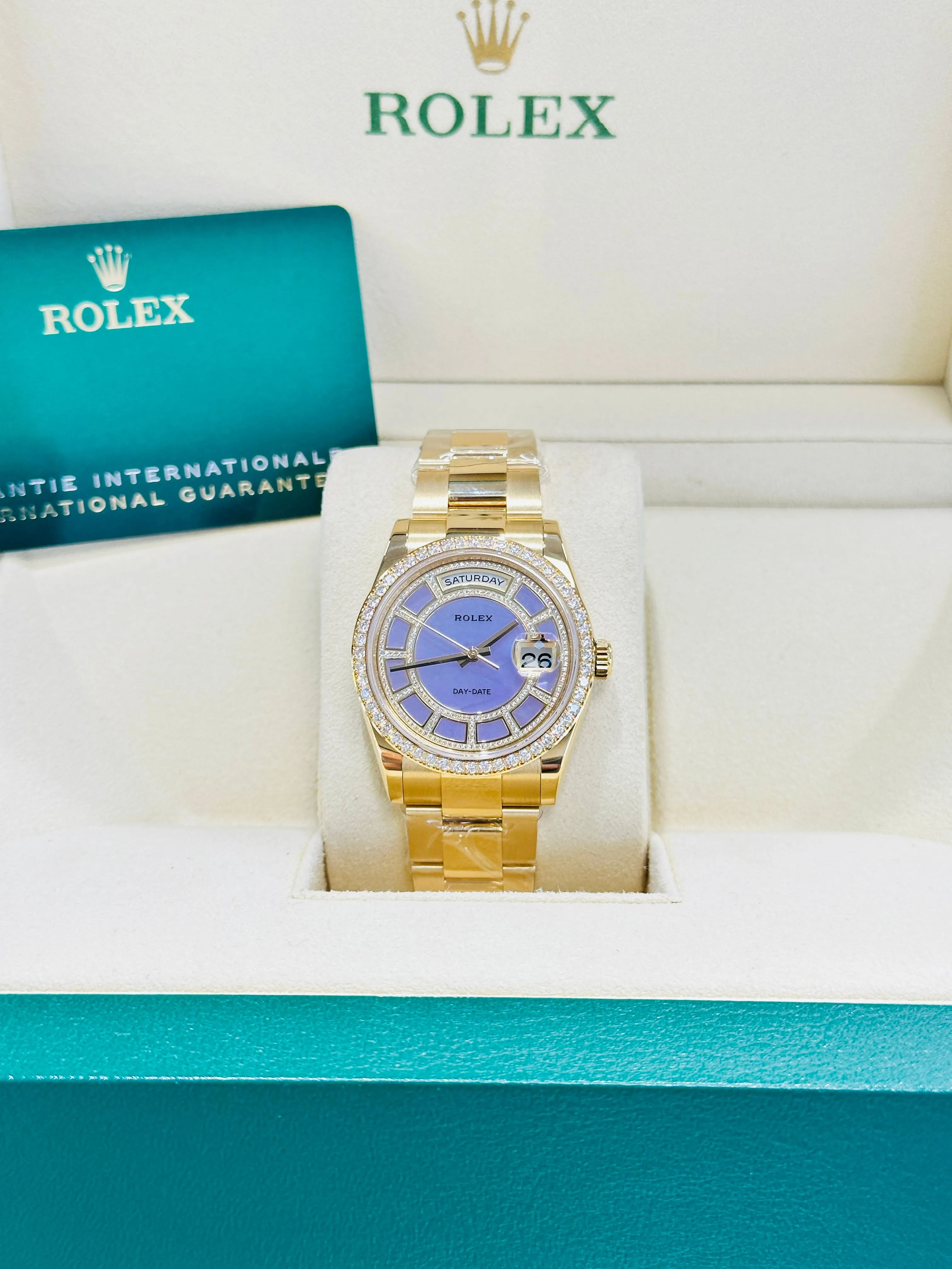 Rolex Day-Date 36 118348 Factory Diamond Bezel Factory Diamond Lavender Jade Carousel Dial  Box & Papers Unworn
