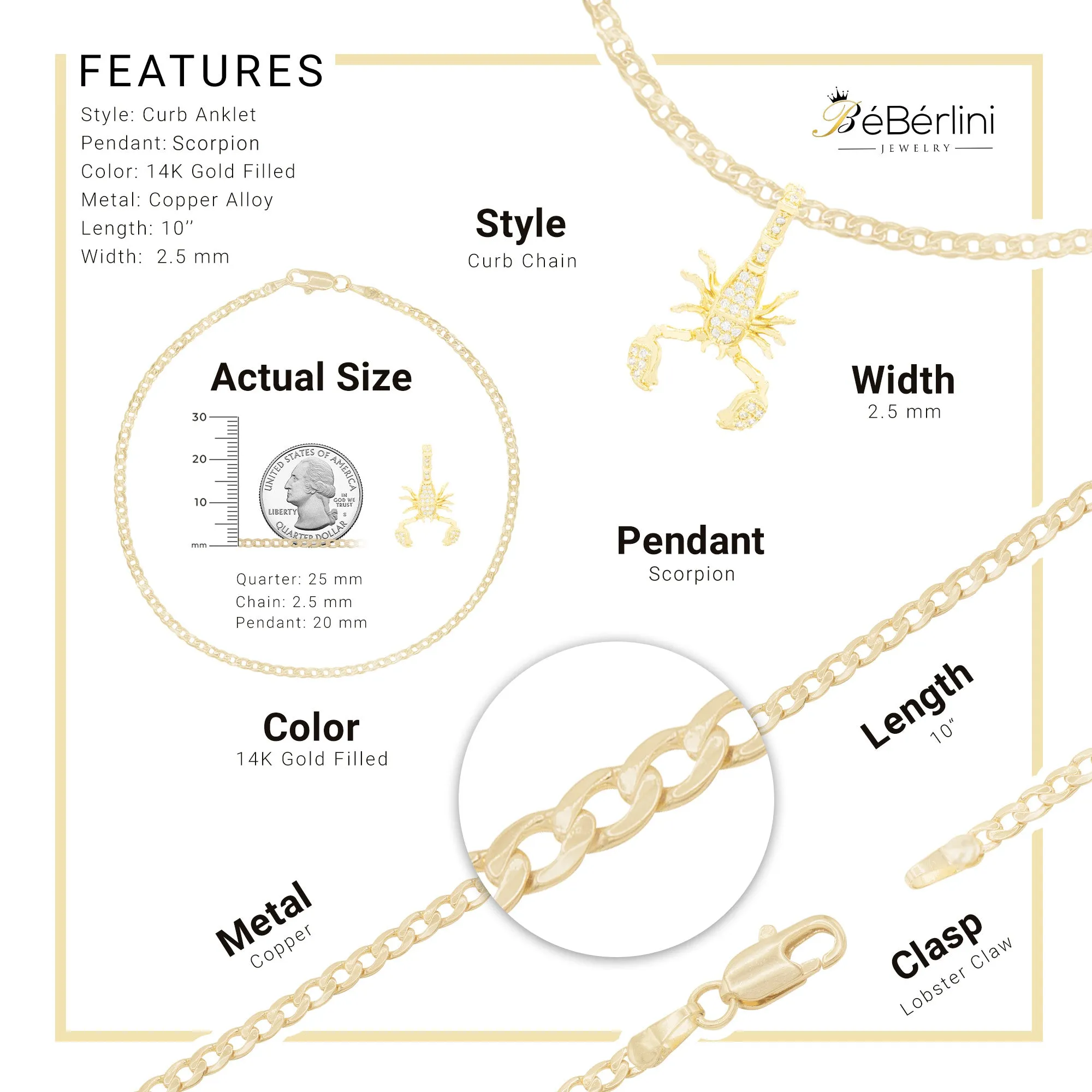 Scorpion Pendant 14K Gold Filled Cubic Zirconia Anklet 10" Set 2.5 mm Women Jewelry