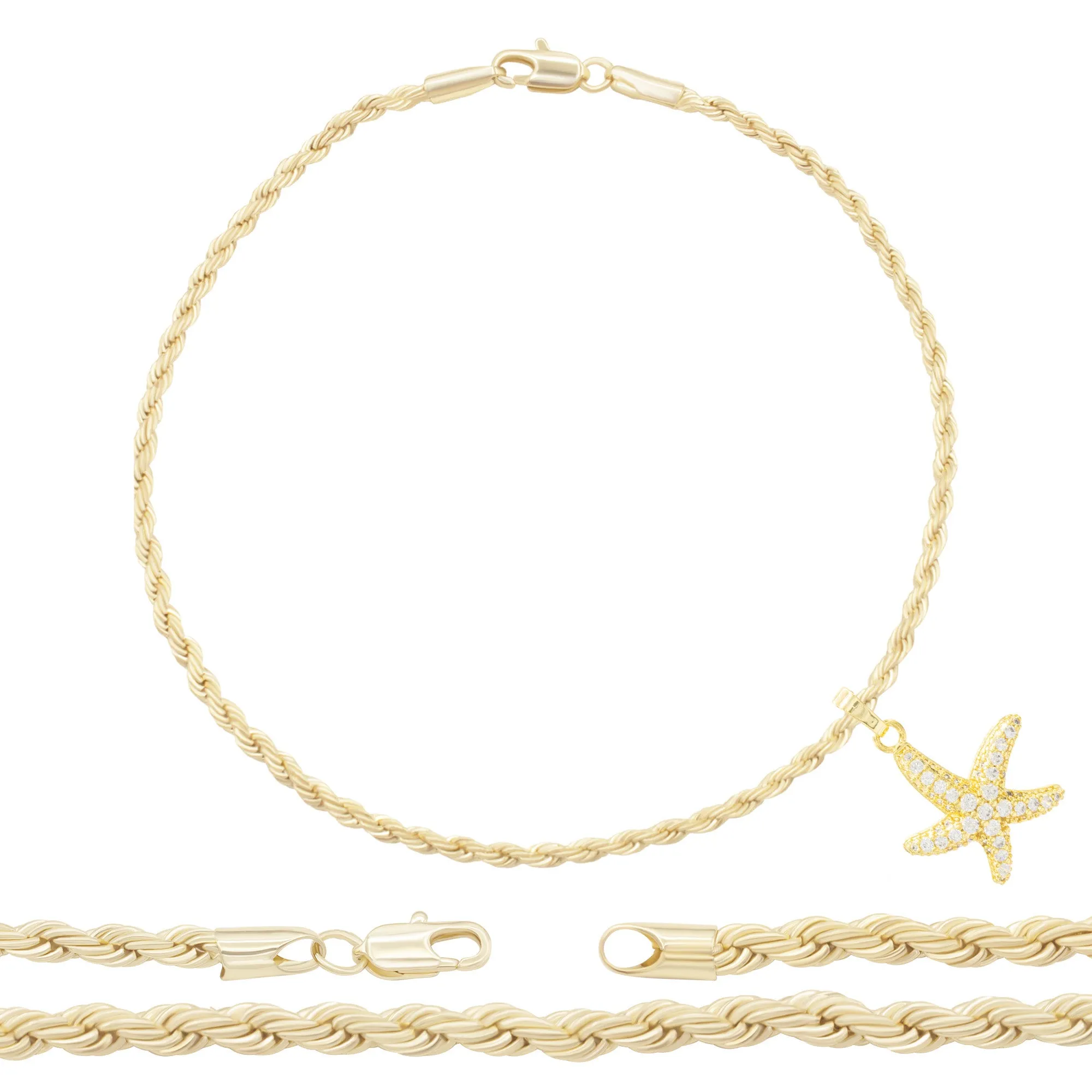 Starfish CZ Pendant 14K Anklet Bracelet Gold Filled Cubic Zirconia Charm Rope Foot Set 10" WomenJewelry