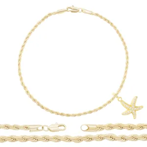 Starfish CZ Pendant 14K Anklet Bracelet Gold Filled Cubic Zirconia Charm Rope Foot Set 10" WomenJewelry