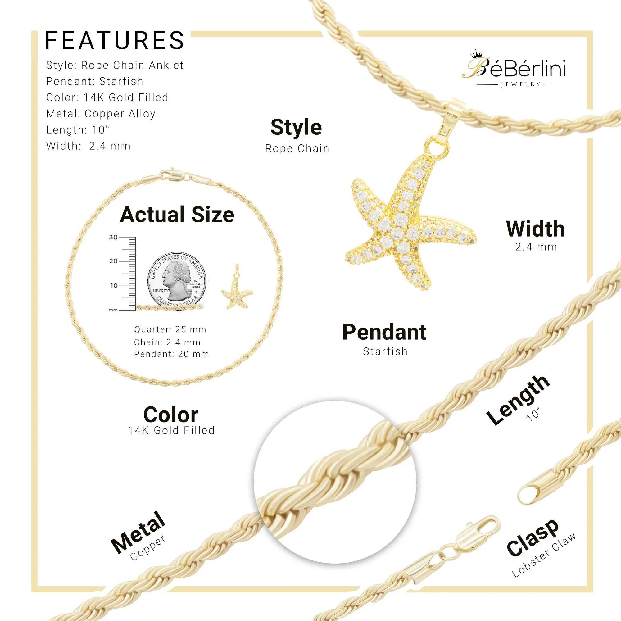 Starfish CZ Pendant 14K Anklet Bracelet Gold Filled Cubic Zirconia Charm Rope Foot Set 10" WomenJewelry