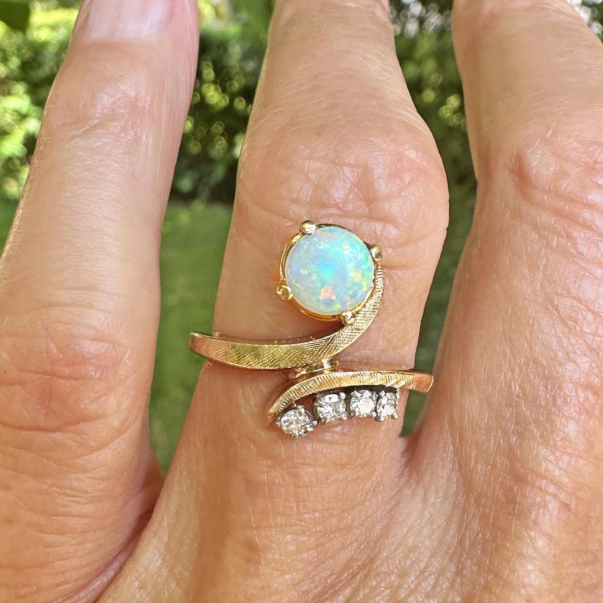 Vintage 14K Gold Bypass Diamond and Opal Ring